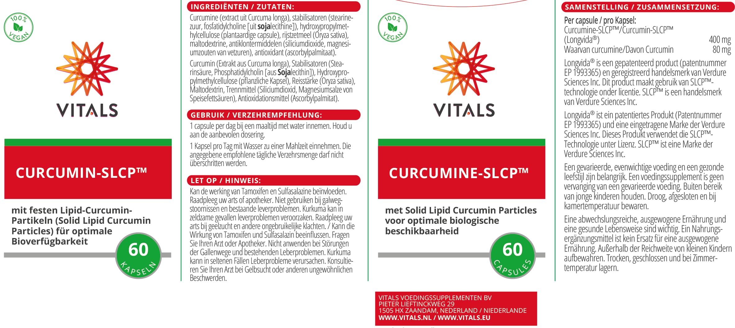 Vitals Curcumin SLCP - 60 Kapseln, vegan. Mit Solid Lipid Curcumin Particles (SLCP) für optimale Bioverfügbarkeit. Für Entzündungshemmung