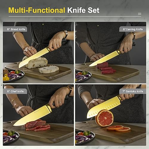 Miniatura 8 de Astercook Juego de cuchillos de cocina de 15 piezas, con revestimiento de titanio dorado saludable, juego de cuchillos de espiga completa con bloque