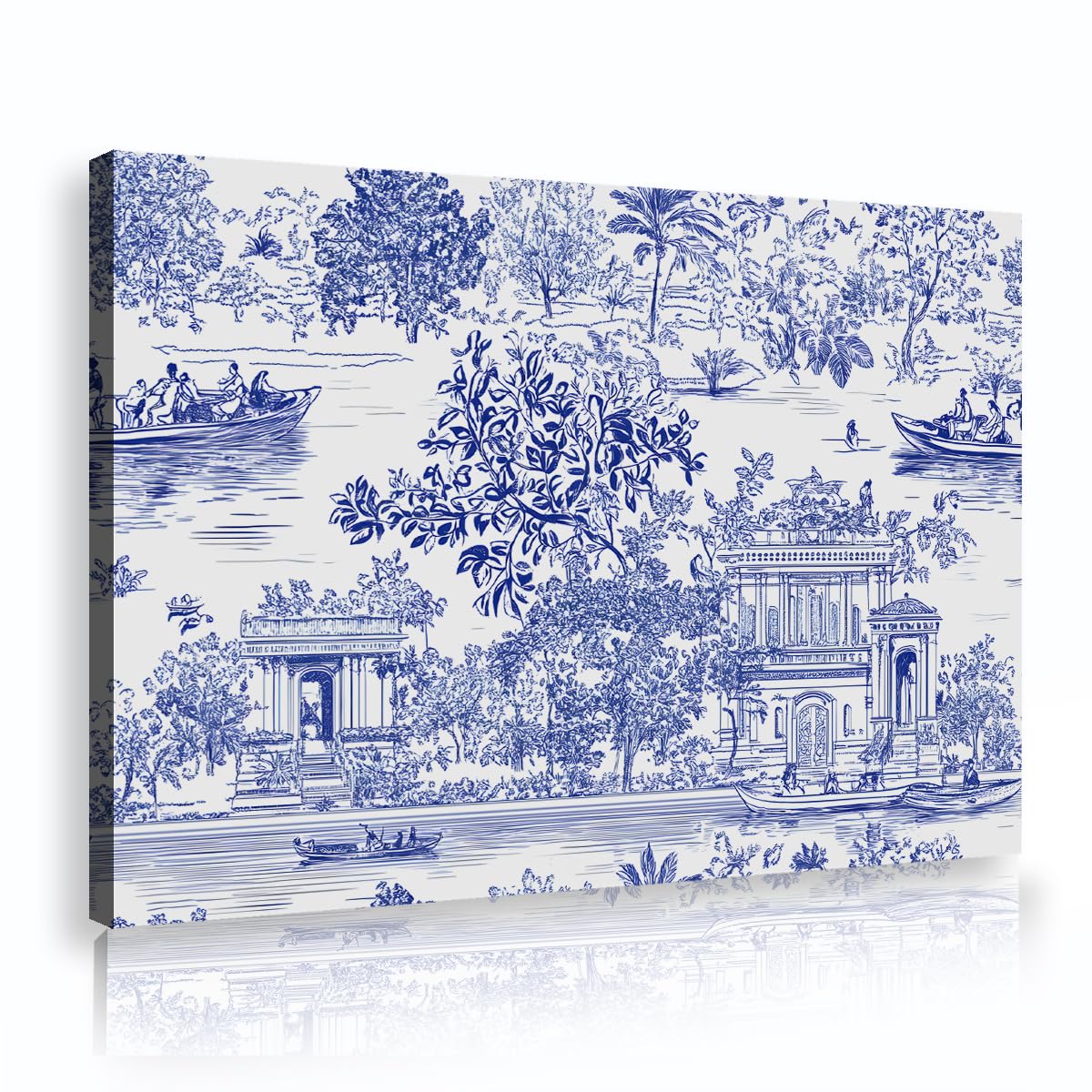 TOANGWALL Blue Chinoiserie Canvas Wall Art Vintage Painting Traditional Chinese Landscape Framed Poster Ancient Mural Print For Dining Room Hallway Decor 75x115cm