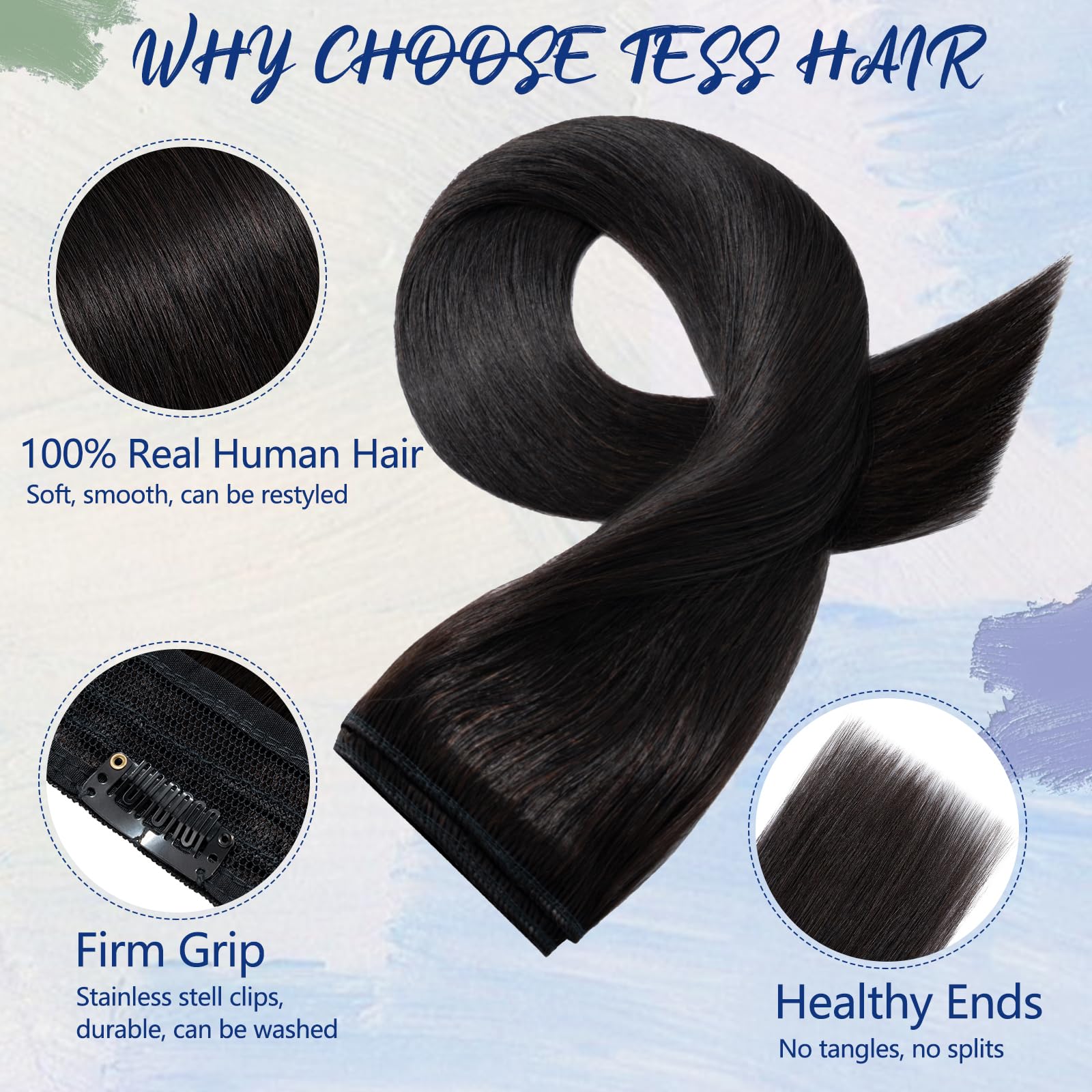 TESS Clip In Hair Extension,Hair Extensions Real Human Hair One Peice 5 Clips Straight Natural Hairpieces for Womens/Girls(#1B Natural Black,24Inch) - Image 3