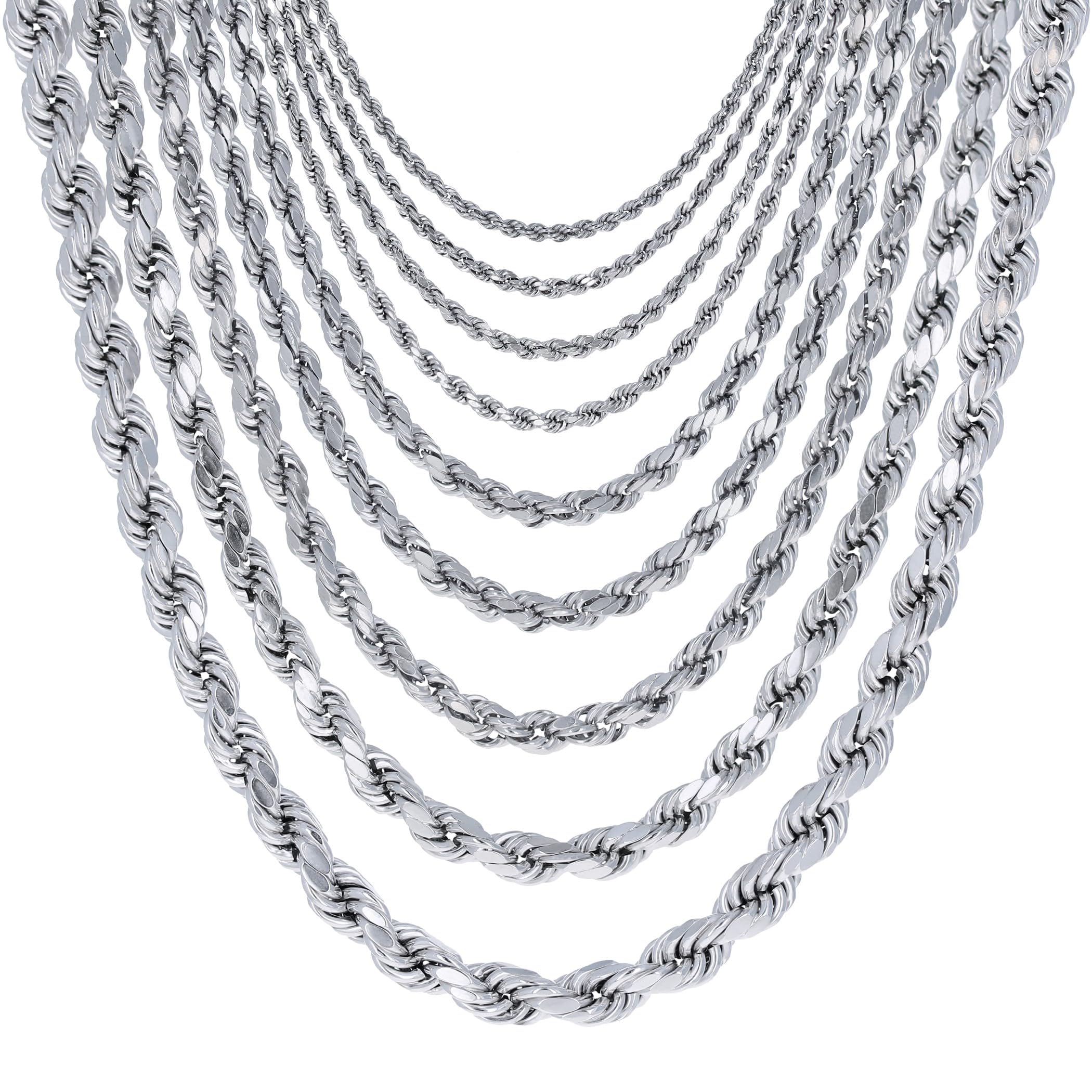 Nuragold 10K Real White Gold Rope Diamond Cut Chain Necklace 14"-30" (1.5mm-7mm) Italian Jewelry for Men & Women