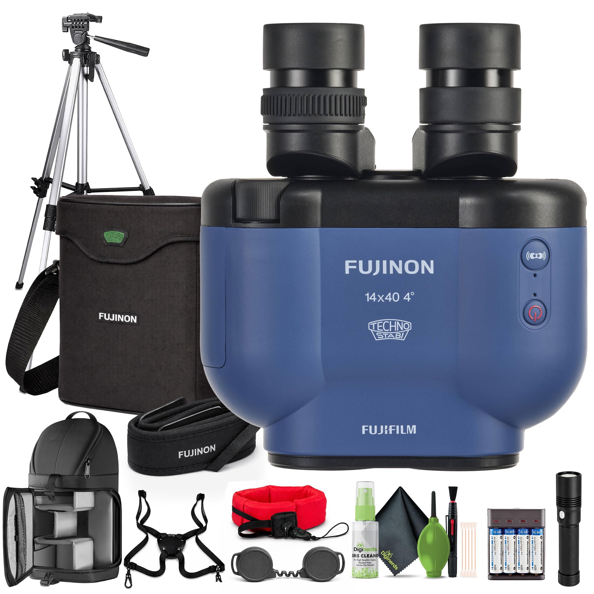 Fujinon TS-X 14x40 Image Stabilized Binoculars with ±6° is, 14x Magnification, Compact Reverse Porro Design (Navy) Bundle with Tripod + Flashlight +