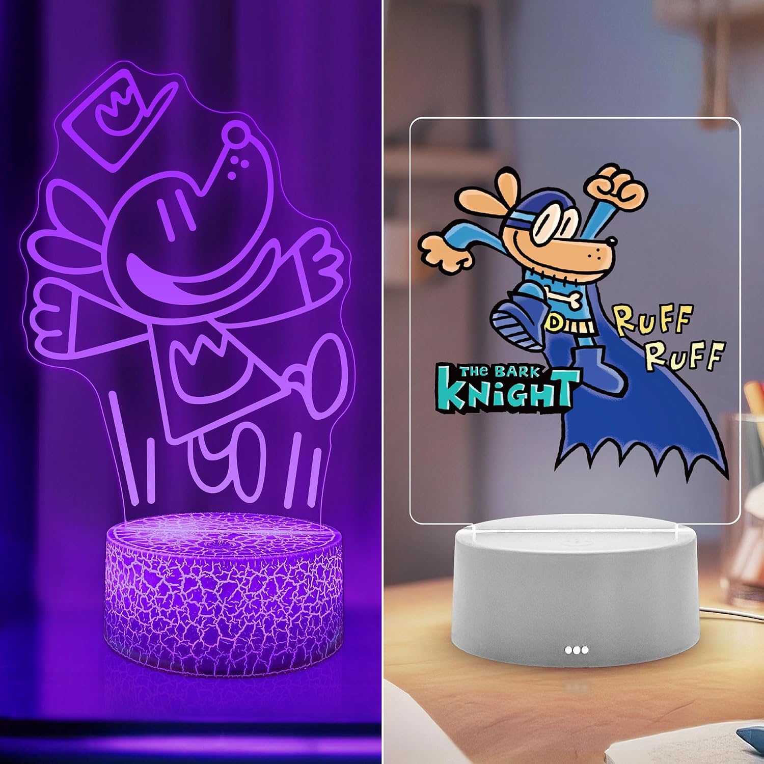 Officially Licensed Dog Man Night Light Bundle - 2-Pack Glow Lamps with 7-Color Bases for Kids Bedroom Decor, Christmas Birthday Gifts for Boys & Girls