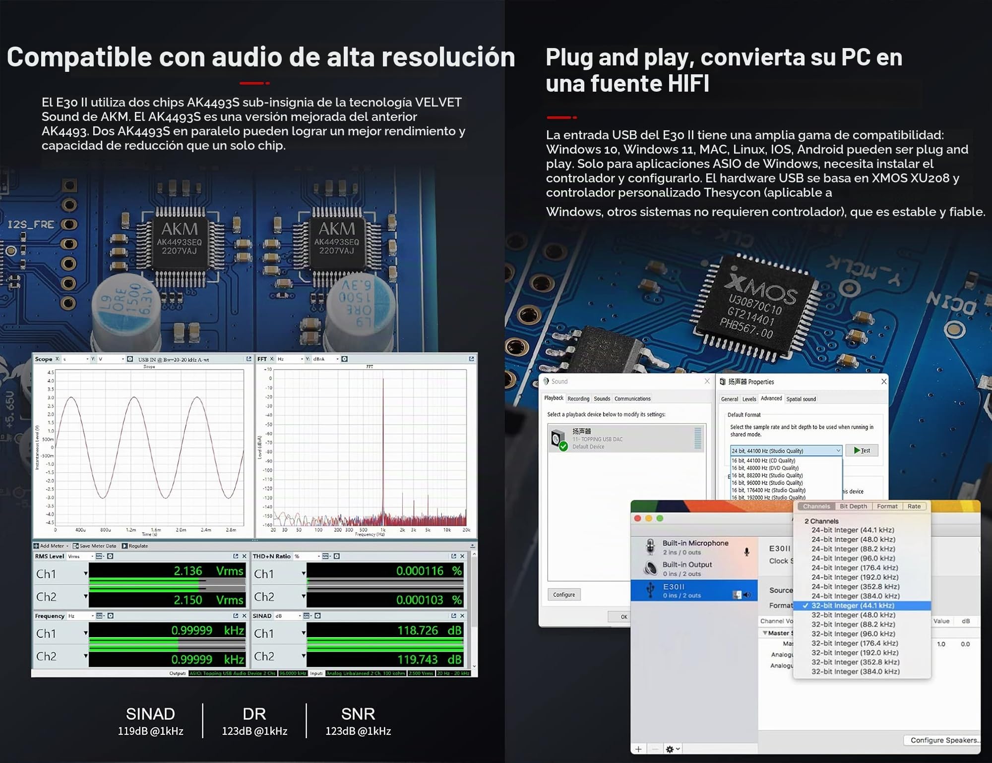 Topping E30 II DAC Preamp - 2 x AK4493S Hi-Res XMOS XU208 DAC 32-bit/768kHz DSD512 DSD Direct Mode Decodificación para USB/Coax/Opt Entradas RCA HiFi Estéreo Digital Audio Decodificador Negro