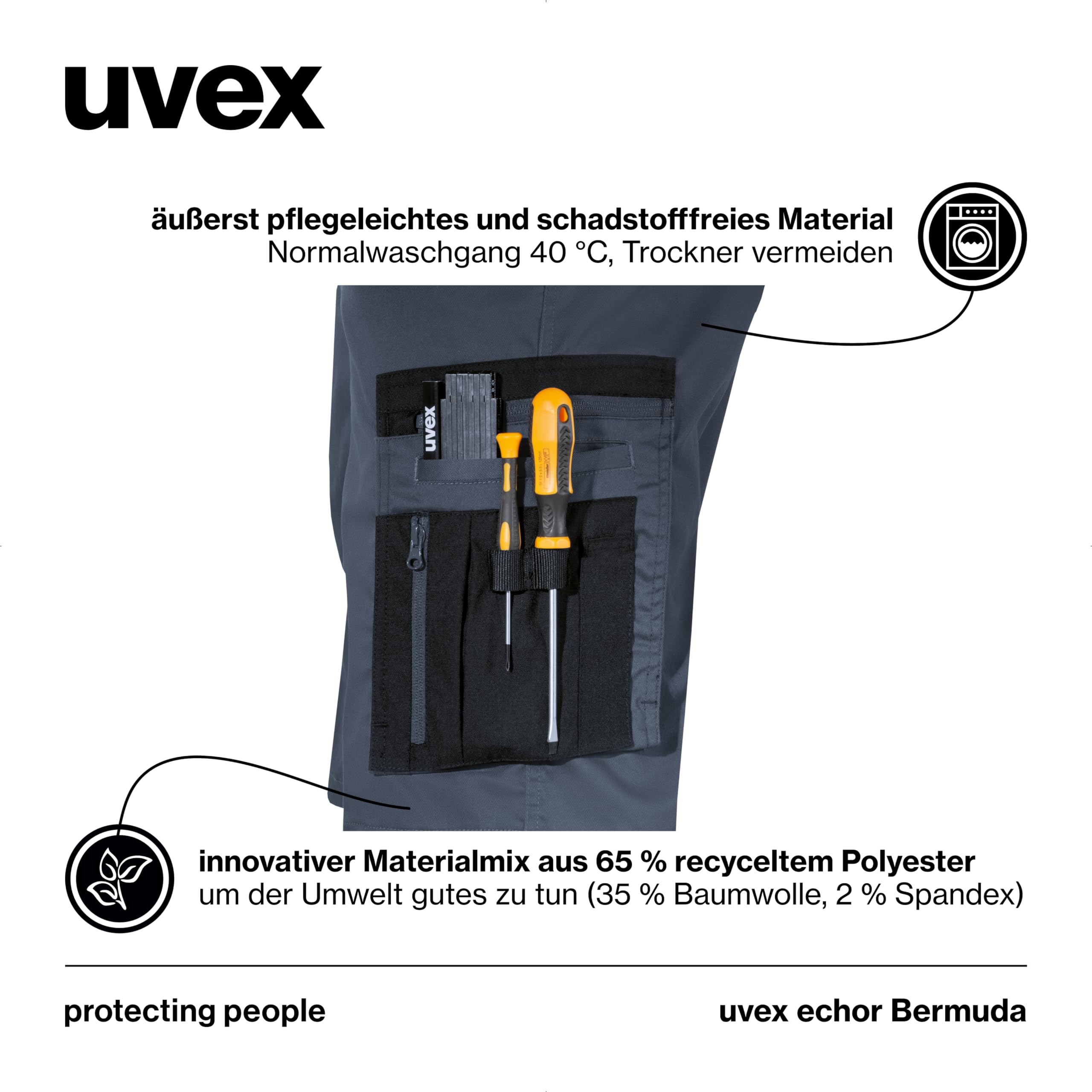 uvex echor Short de travail court de qualité supérieure pour homme - Taille extensible, léger, élastique et beaucoup d'espace de rangement
