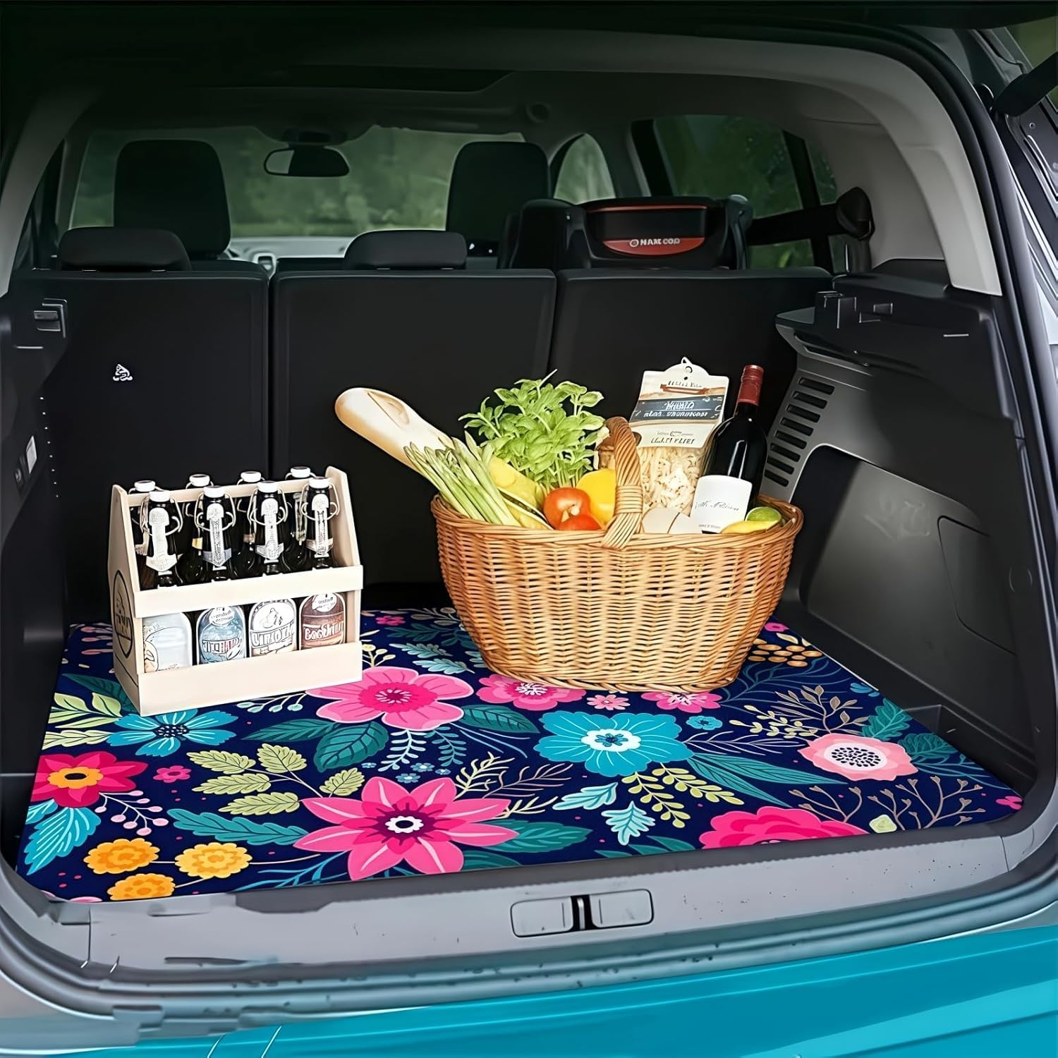 Universal Car Trunk Mat 29" x 39", Pink-Blue Flowers All Weather Trunk Protection Cargo Liner, Durable Cargo Mat Rear Trunk Liner, Stylish Vehicle Interior Accessories Suitable for Most Car Models