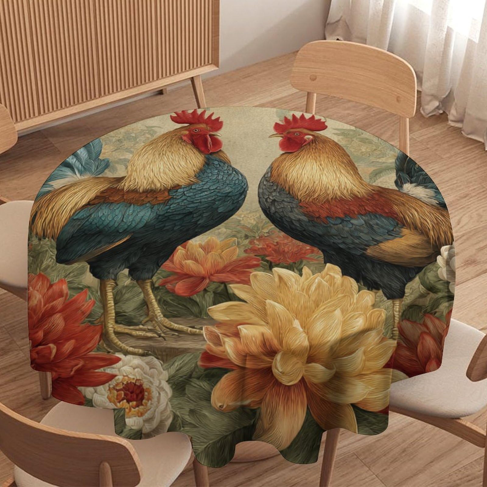 LUYYSKY Retro Aesthetic Roosters Waterproof Round Tablecloth Realistic Oil Painting Spring Floral Animal Chickens Butterflies Washable Table Cover for Kitchen-70 Wx70 L