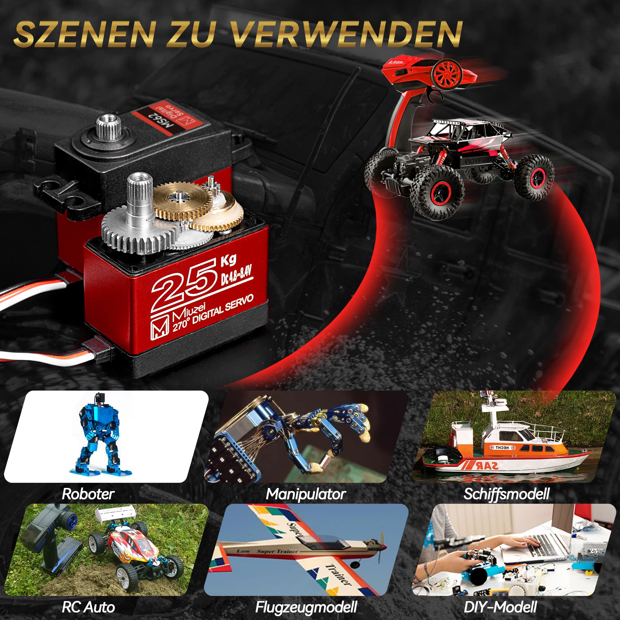 Miuzei serwo cyfrowe 25 kg, wodoodporne, wysoki moment obrotowy, metalowa przekładnia 270 stopni, serwo+silnik dla mini RC samochodów 1/8 1/10 1/12, robota, samolotu, łodzi z 25T róg serwo, kabel