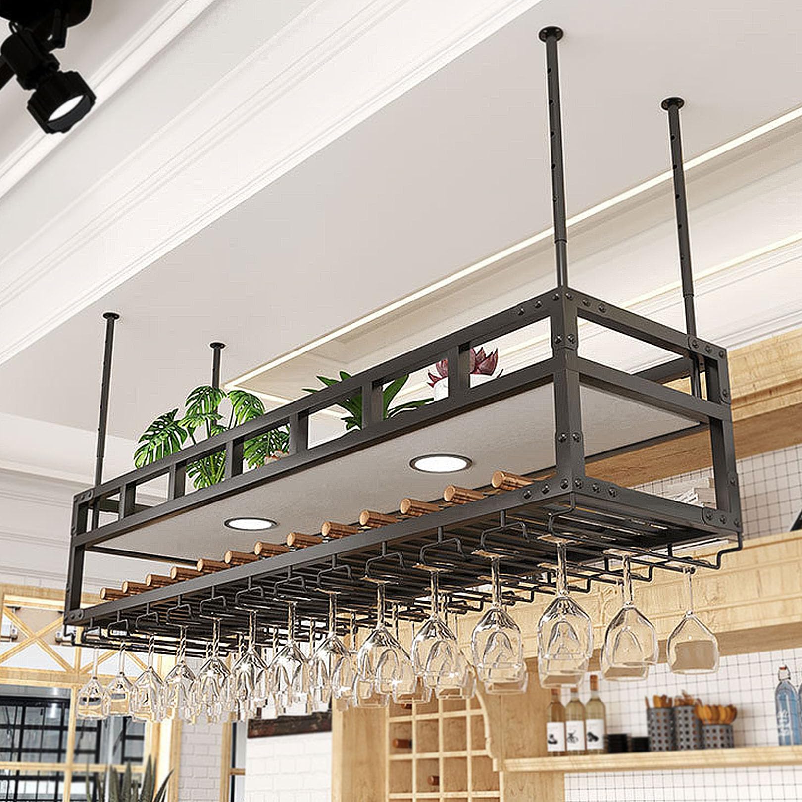 XIaoHESHop Iron Metal Wall Mounted Wine Racks, Hanging Wine Bottle Display Organizer Holder, Red Wine Rack for Home Kitchen Bar Decor with Steam Glass Holder and Light