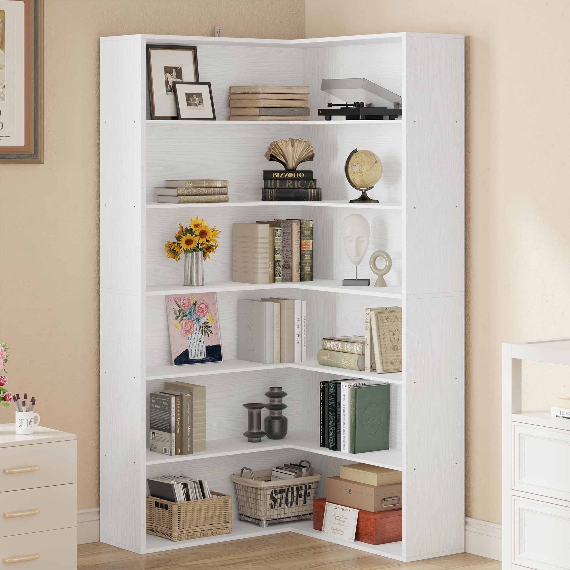Best White Corner Bookshelf Picks for 2026 2 ANCTOR Corner Bookshelf, 6 Tiers Corner Shelf with Baffles Etagere Rack — product photo