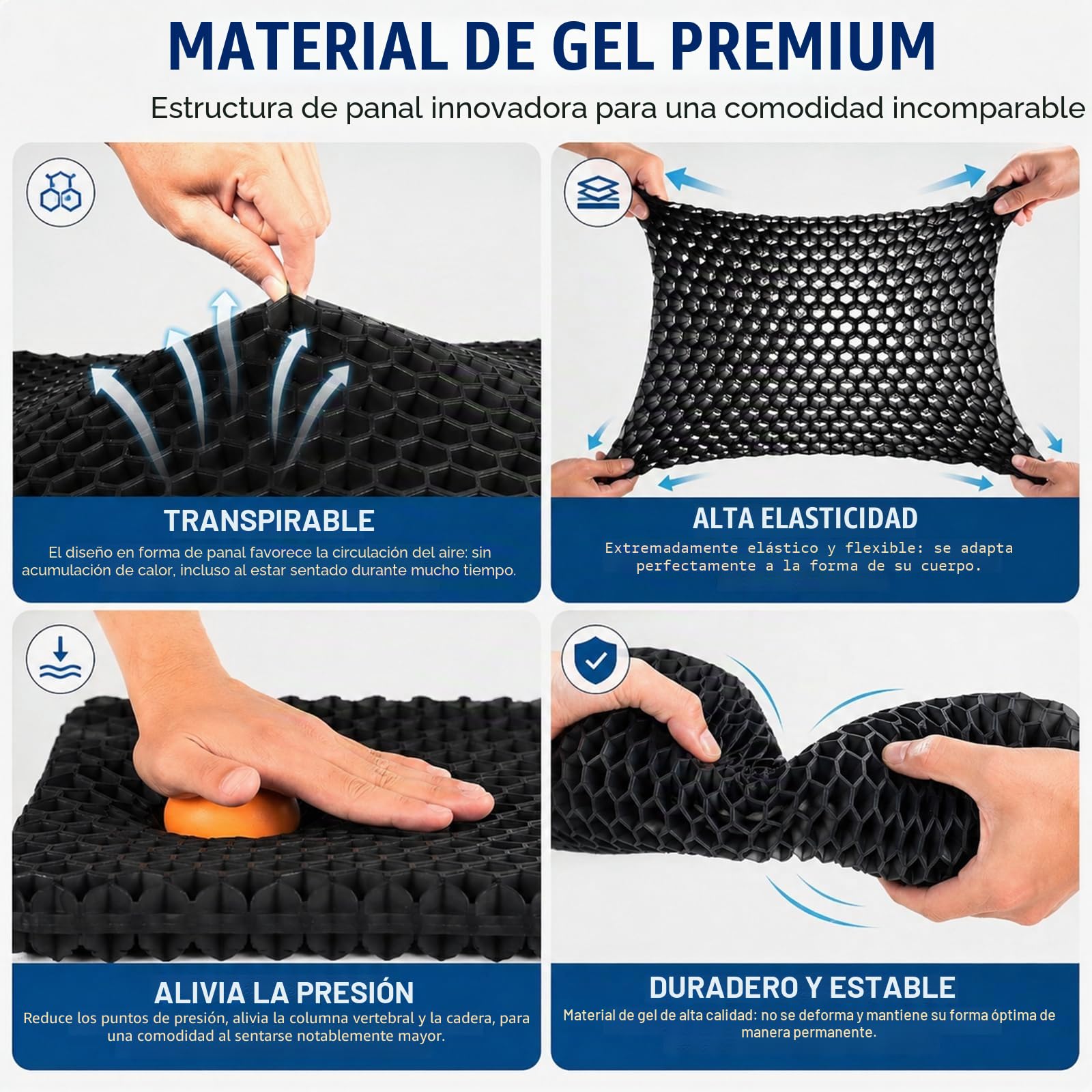 Cojín Gel para Silla de Oficina, Negro | Estructura de panal transpirable; funda lavable antideslizante; cojín gel grande para oficina, coche