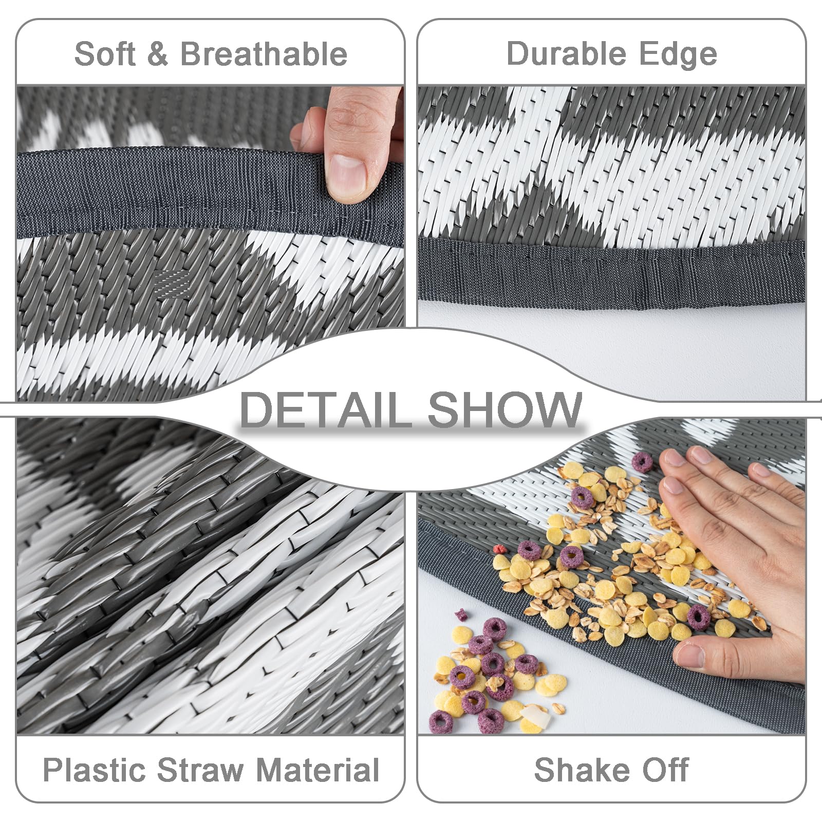 Capslpad Tappeto rotondo per esterni, diametro 150 cm, tappeto da balcone, in plastica, leggero, da picnic, per esterni, per balcone, picnic, campeggio, giardino, grigio