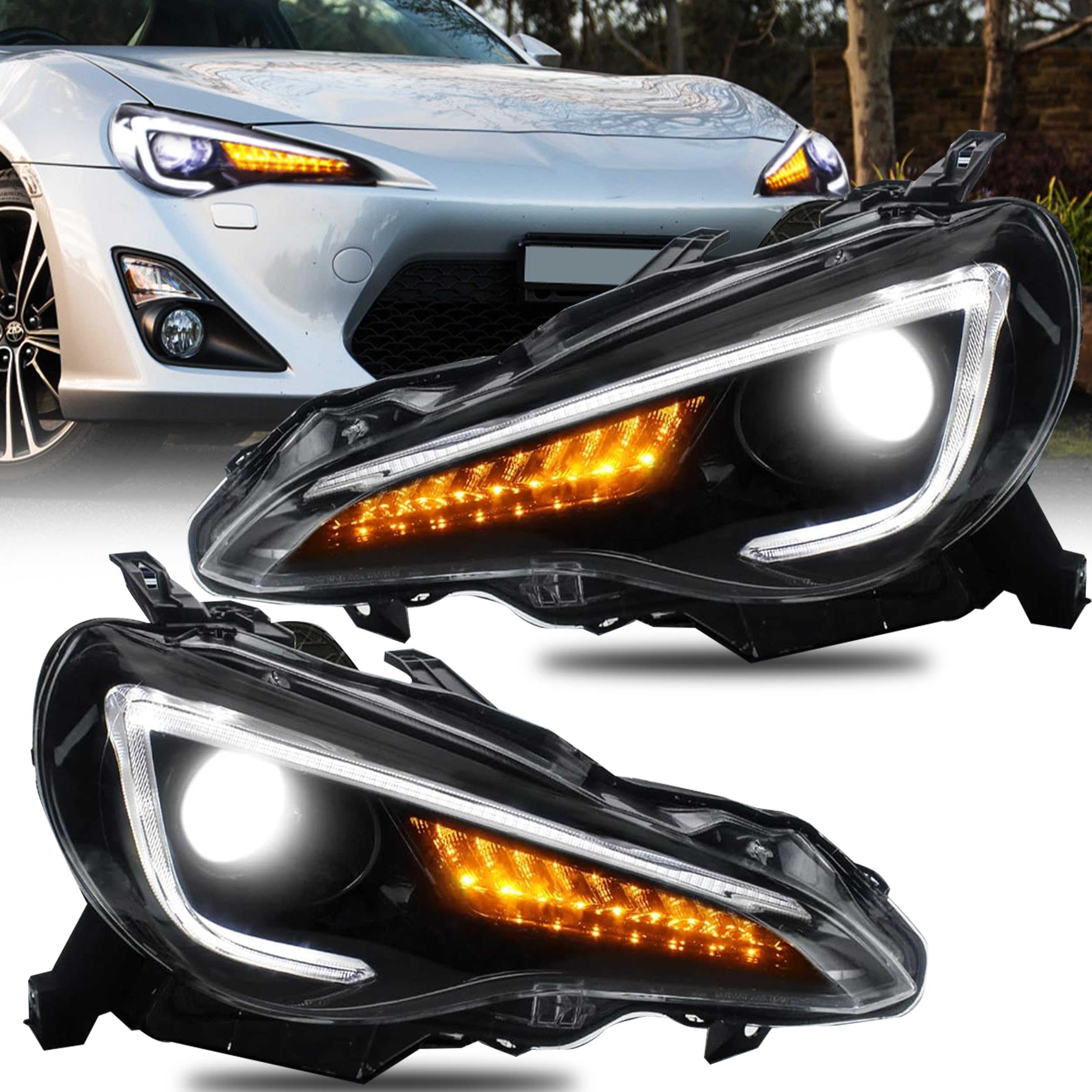 VLAND DRL Headlights Compatible for Toyota 86 2012-2020 / Subaru Brz 2013-UP Headlight, Q5 / Hella Lens, Dual Beam, D2H Bulb Conversion Kit (Not Included) for HI/LO Beam.