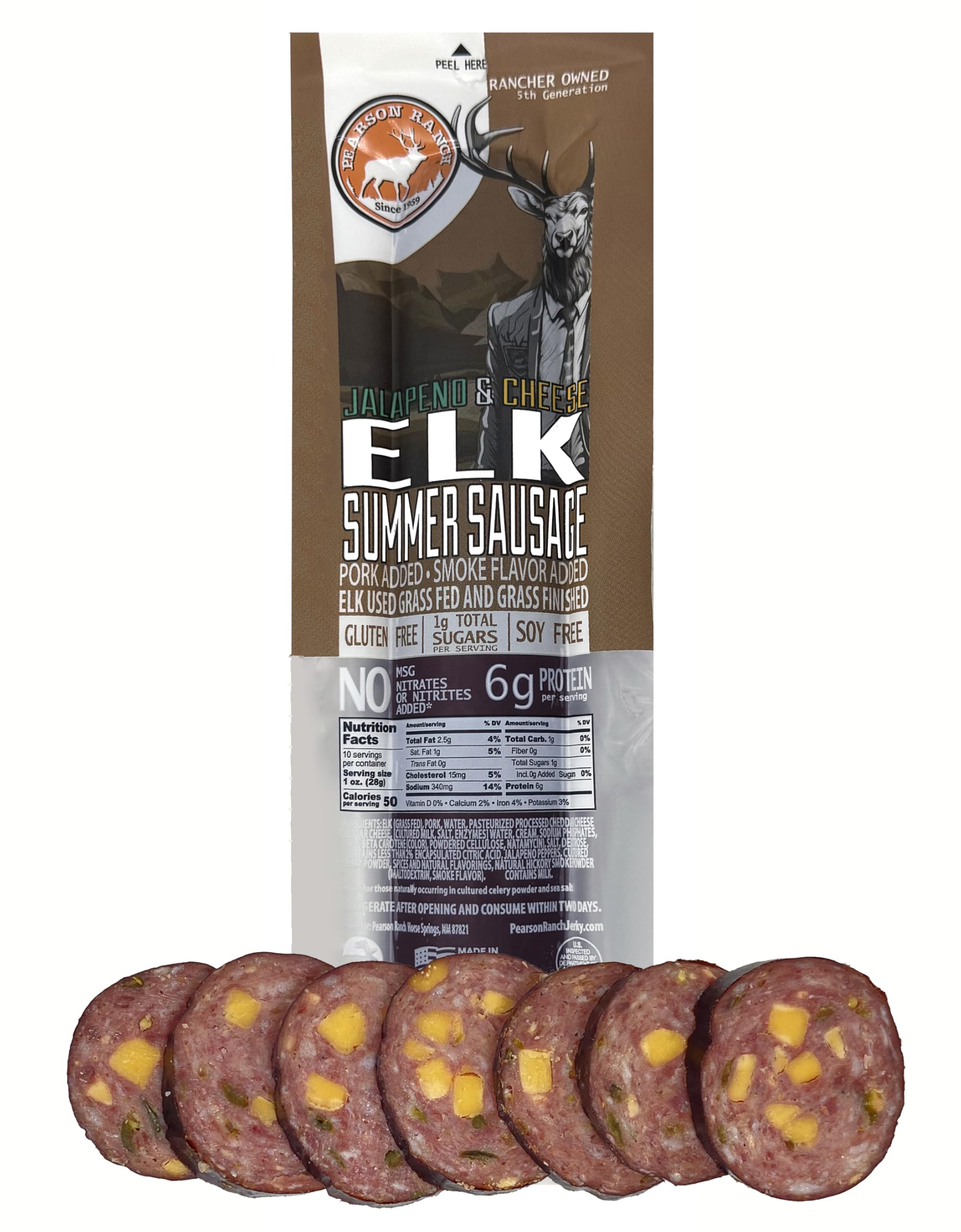 PEARSON RANCH Elk Summer Sausage with Jalapeno Cheese - Game Meat Summer Sausage, Exotic Meat, Low-Carb, Gluten-Free, MSG-Free, No Added Nitrites 10 Ounces