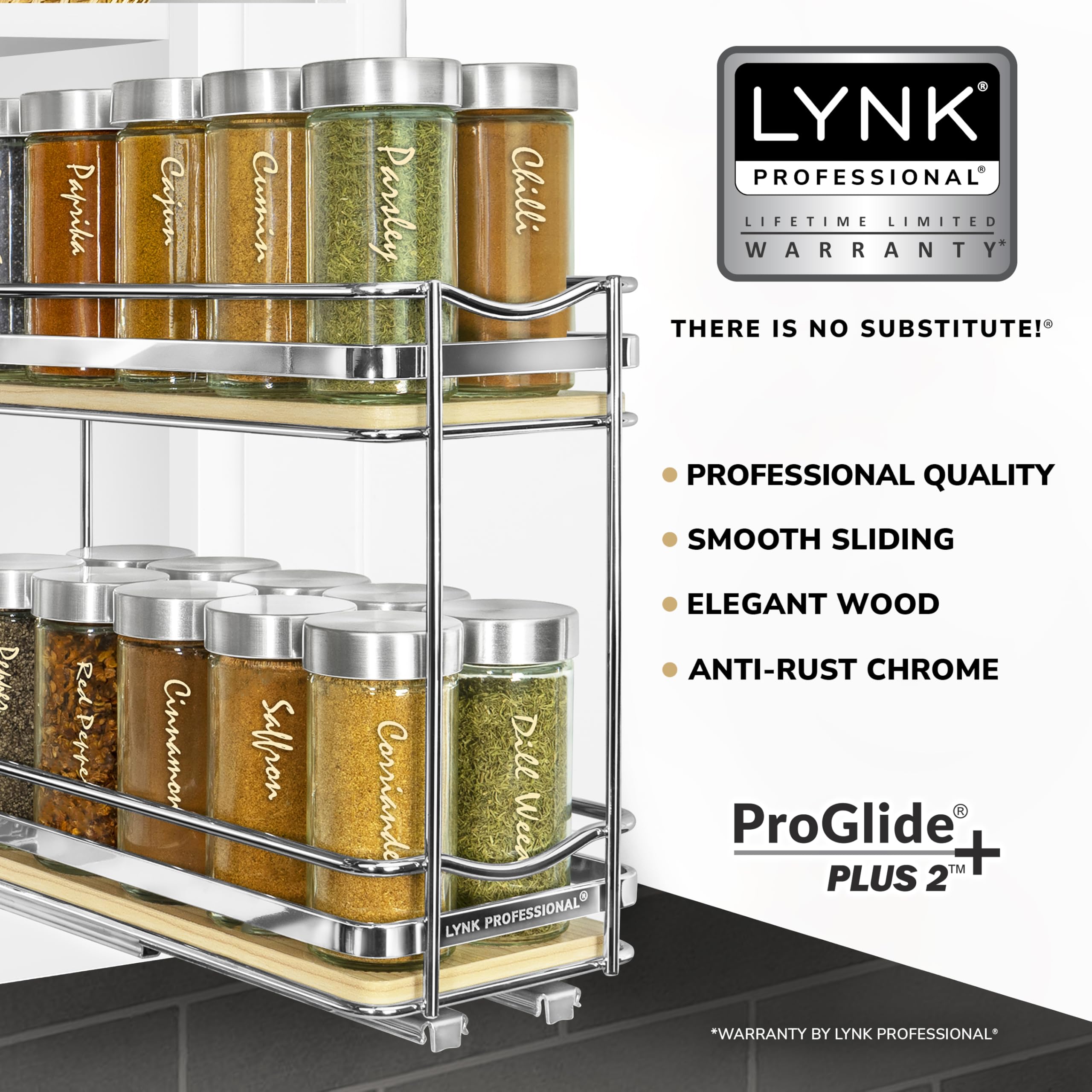 Lynk Professional® Élite™ Ausziehbares Gewürzregal für Schrank, 10,2 cm breit, ausziehbares Regal, Holz und Chrom, 2 Etagen
