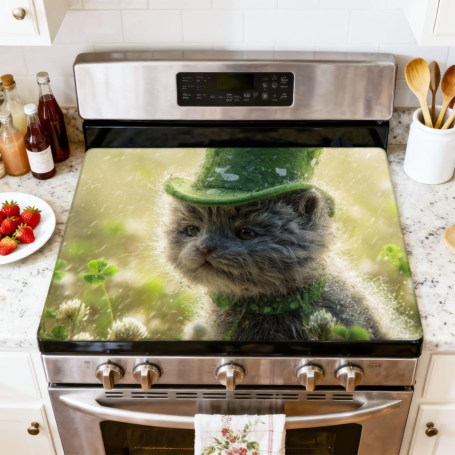 Stove Top Cover for Electric Stove Springtime Kitten Clover Filled Pastel Setting Heat Resistant Glass Cooktop Protector Flat Top Oven Cover Mat Prevent Scratching 28" x 20"