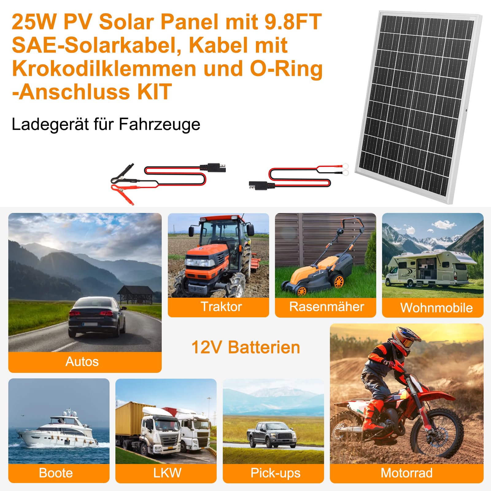 【25W Solar Autobatterie Ladegerät 18V Kit】DERUXI 25 W Solarpanel: Mono Solarmodul 25W Solar Panel mit Eingebautem PWMs Laderegler+2 Paar Solarkabel, PV Solarmodule für 12V GEL, AGM, LiFePO₄-Batterien
