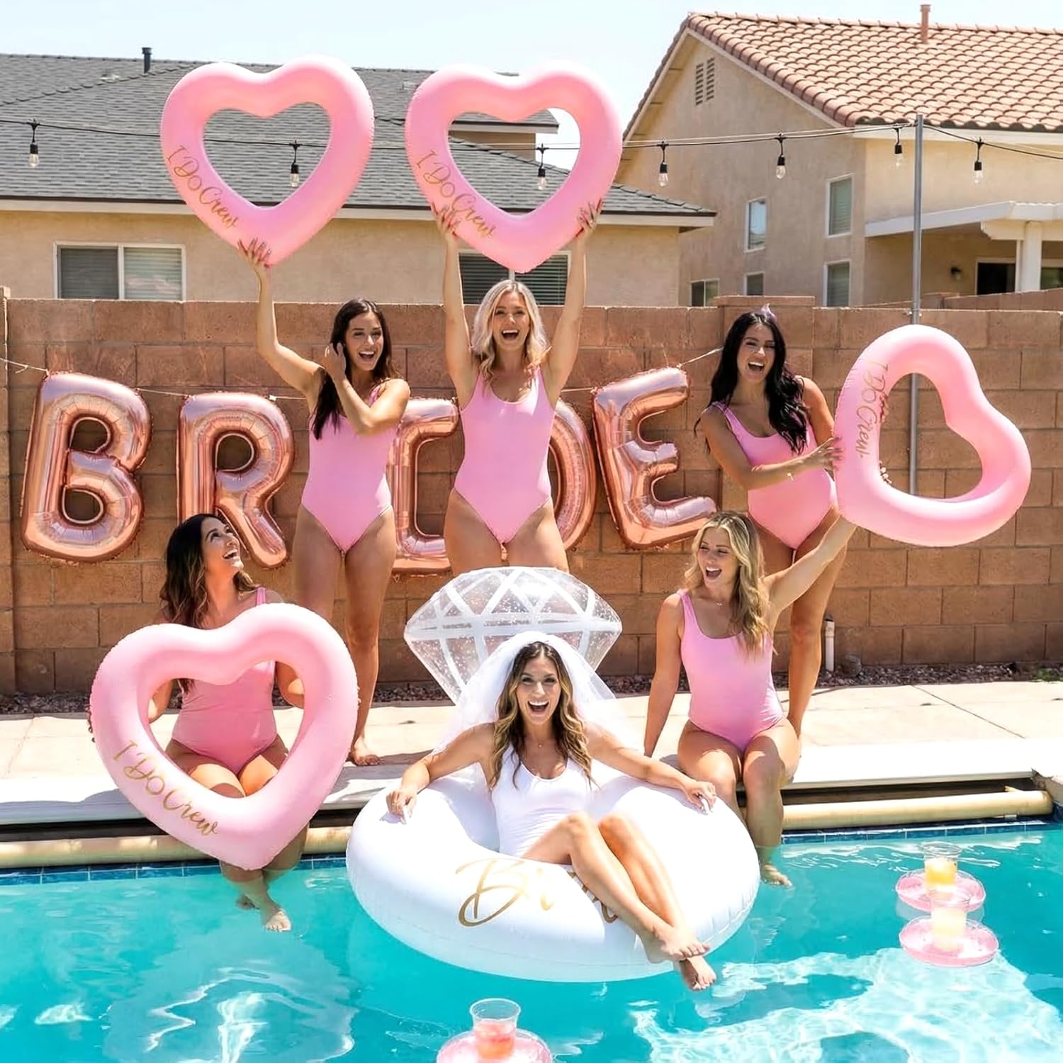 Thenshop 6 Pcs Bachelorette Pool Floats - 1 Diamond Ring & 5 Heart Loungers - Inflatable Party Decorations for Bridal Shower, Engagement, Weddings - Photo Props for Bride & Bridesmaids (Pink)