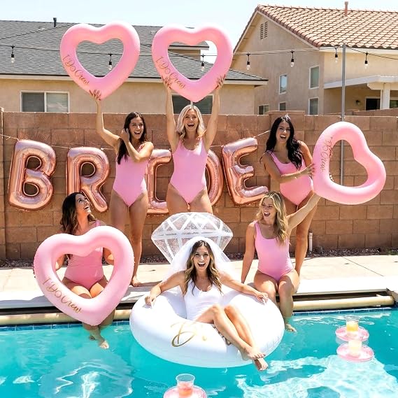 Thenshop 6 Pcs Bachelorette Pool Floats - 1 Diamond Ring & 5 Pink Heart Loungers - Inflatable Party Decorations for Bridal Shower, Engagement, Weddings - Photo Props for Bride & Bridesmaids