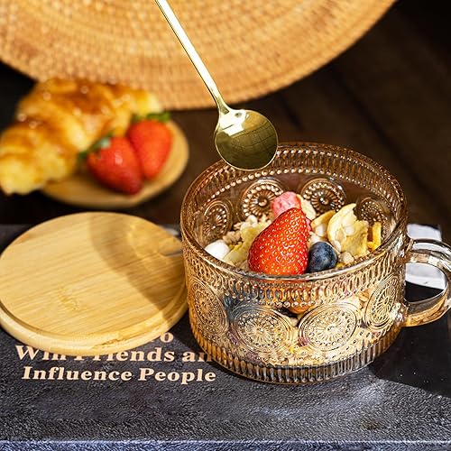 Miniatura 5 de Ollieroo 4 tazas de café, tazas de café vintage, recipientes de avena durante la noche con tapas y cucharas, vasos de café de 14 onzas, juego de