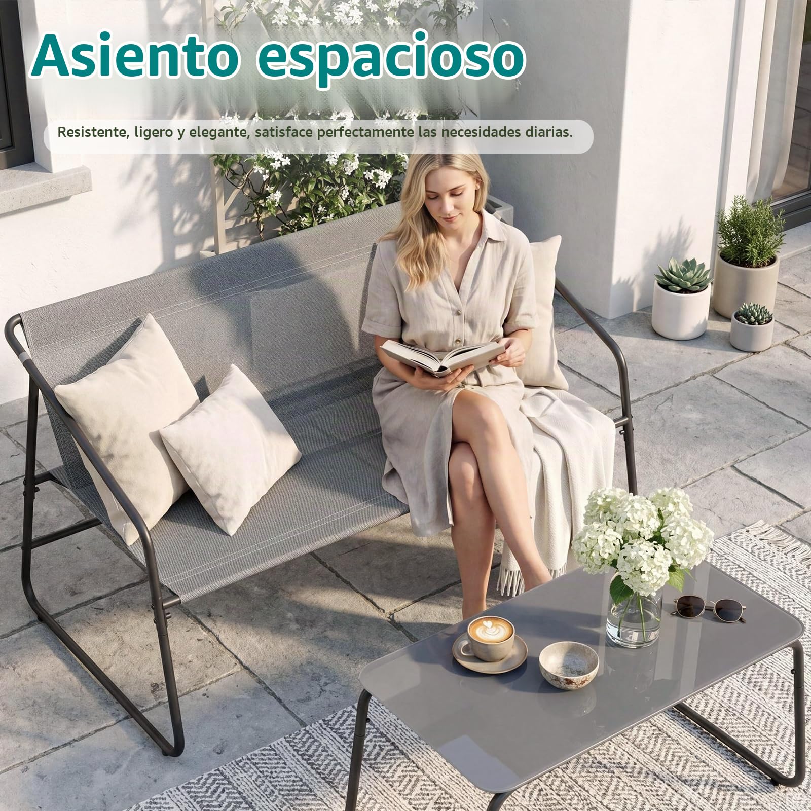 LIFERUN Conjunto de Jardín Exterior 4 Piezas, Muebles Balcón en Tela Teslin, Incluye Sofá de 2 Plazas, 2 Sillones y Mesa, Conjunto de Asientos Exterior Resistente al Clima, para Terraza, Jardín, Gris