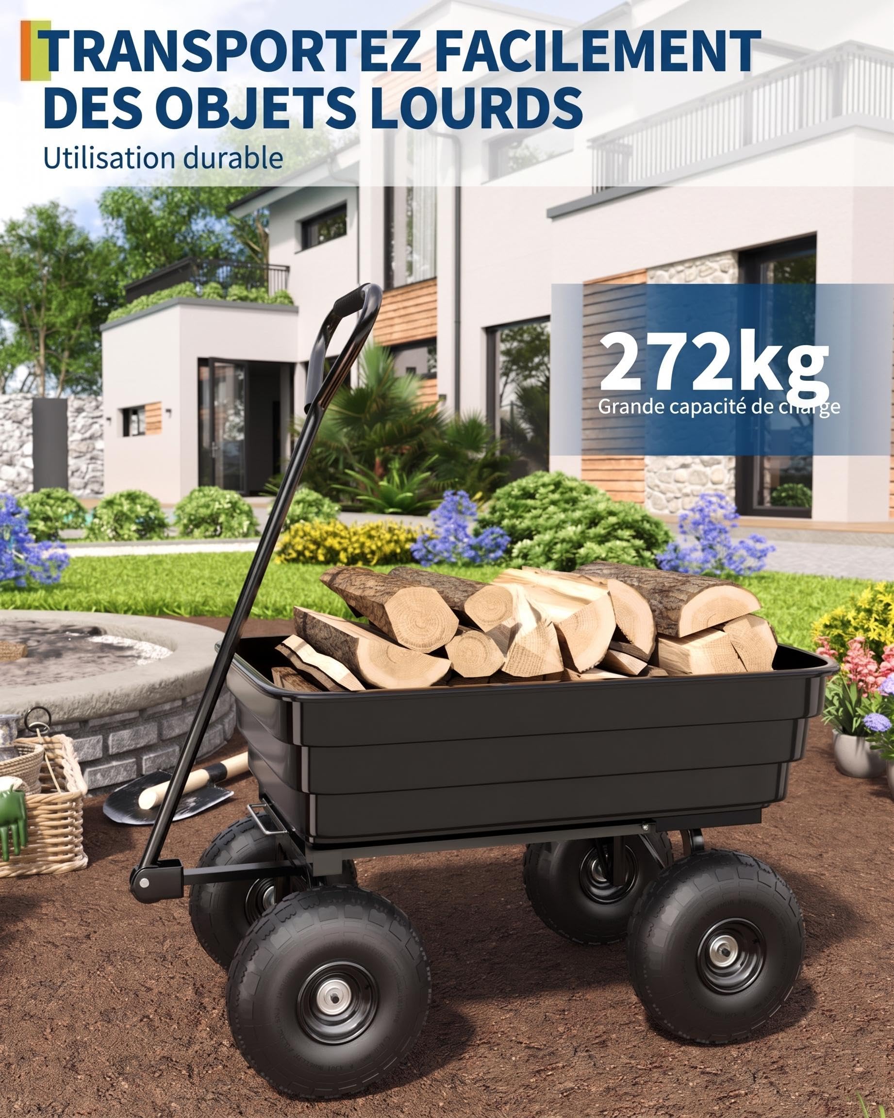 Chariot à Benne basculante-Capacité 272 kg-Poignée Ajustable 180°