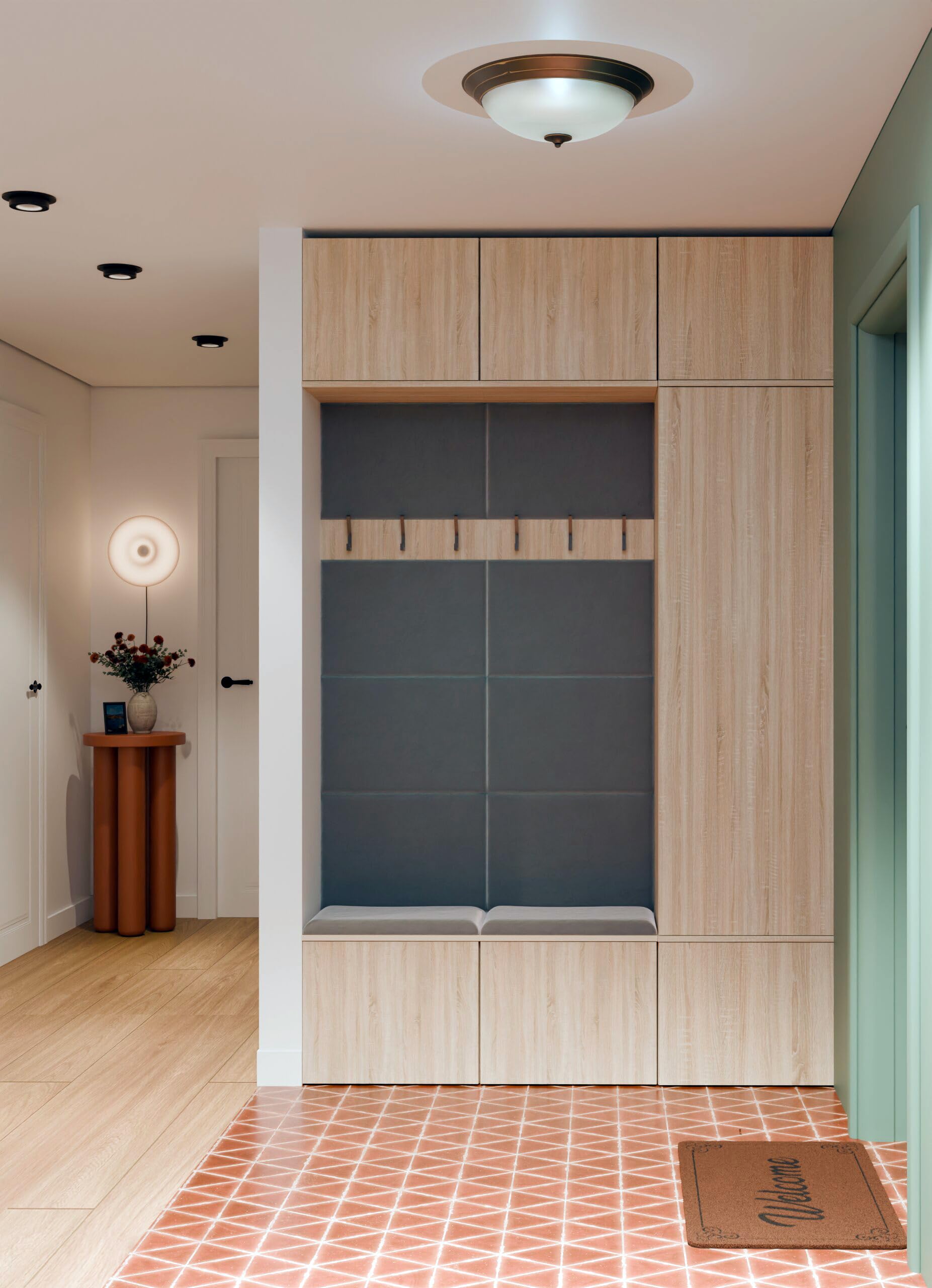 Mobile Ingresso Moderno 150x238 cm con Armadio, Scarpiera e Appendiabiti - Mobile Guardaroba Ingresso Chiuso con Schienale Imbottito e Apertura Tip-On Componibile MIT10 (Rovere chiaro/Grigio)