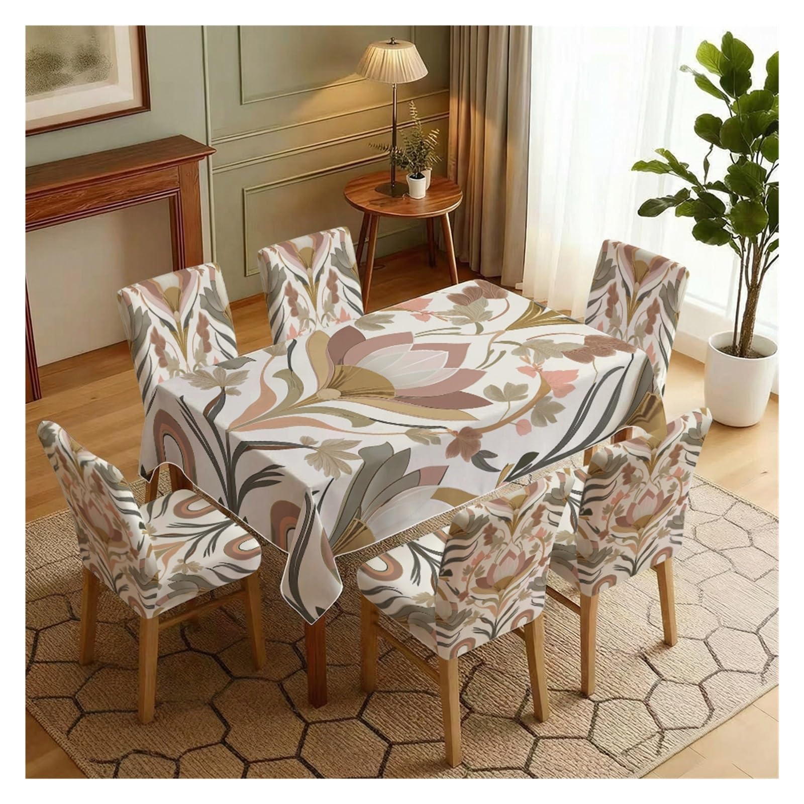 BOSUYBN Art Nouveau Symmetric Floral Dining Tablecloth & Chair Covers Set, 5/7 Piece Neutral Muted Tone Modern Vintage Decor Table Setting(7pcs Set: Tablecloth+Chair Covers)