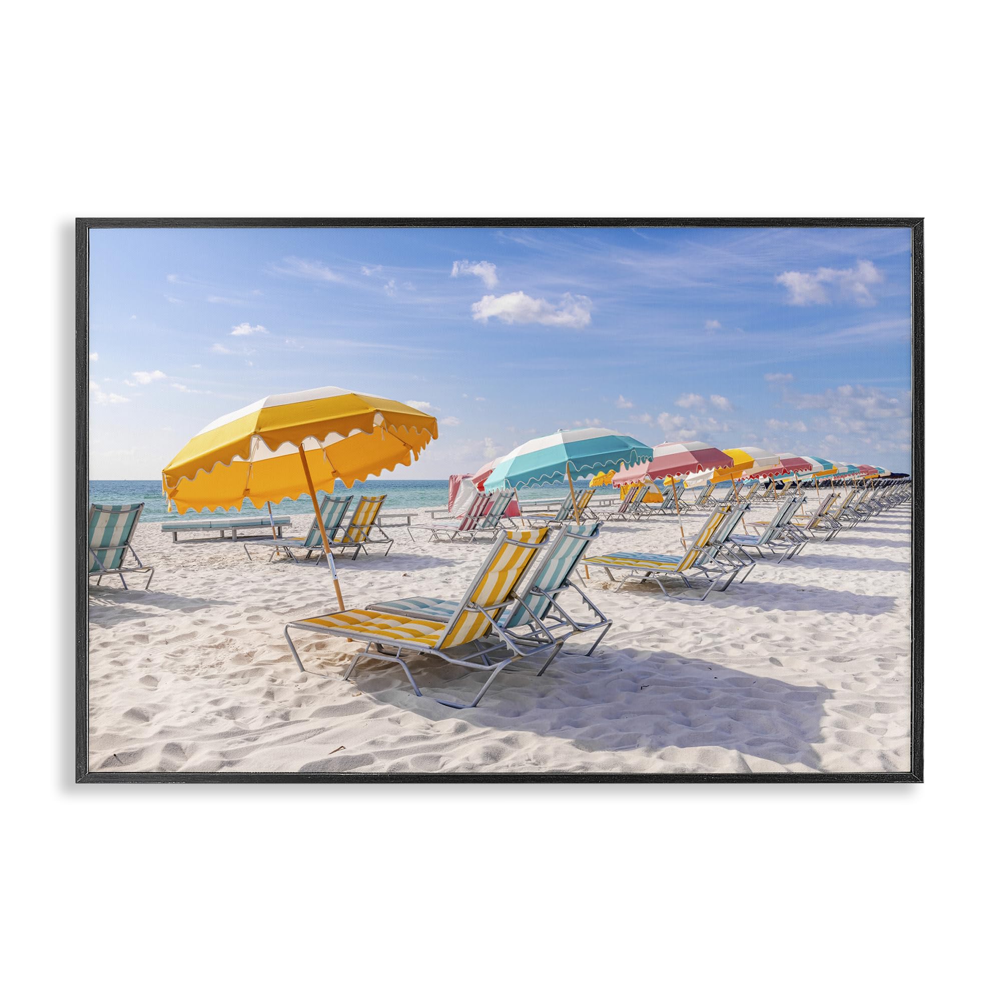 Stupell Industries 'Striped Umbrellas on Sunny Beach', Framed Giclee Art, Black, 24 x 16 Inches, Easy to Hang and Sturdy, Made in USA, by Richard Silver