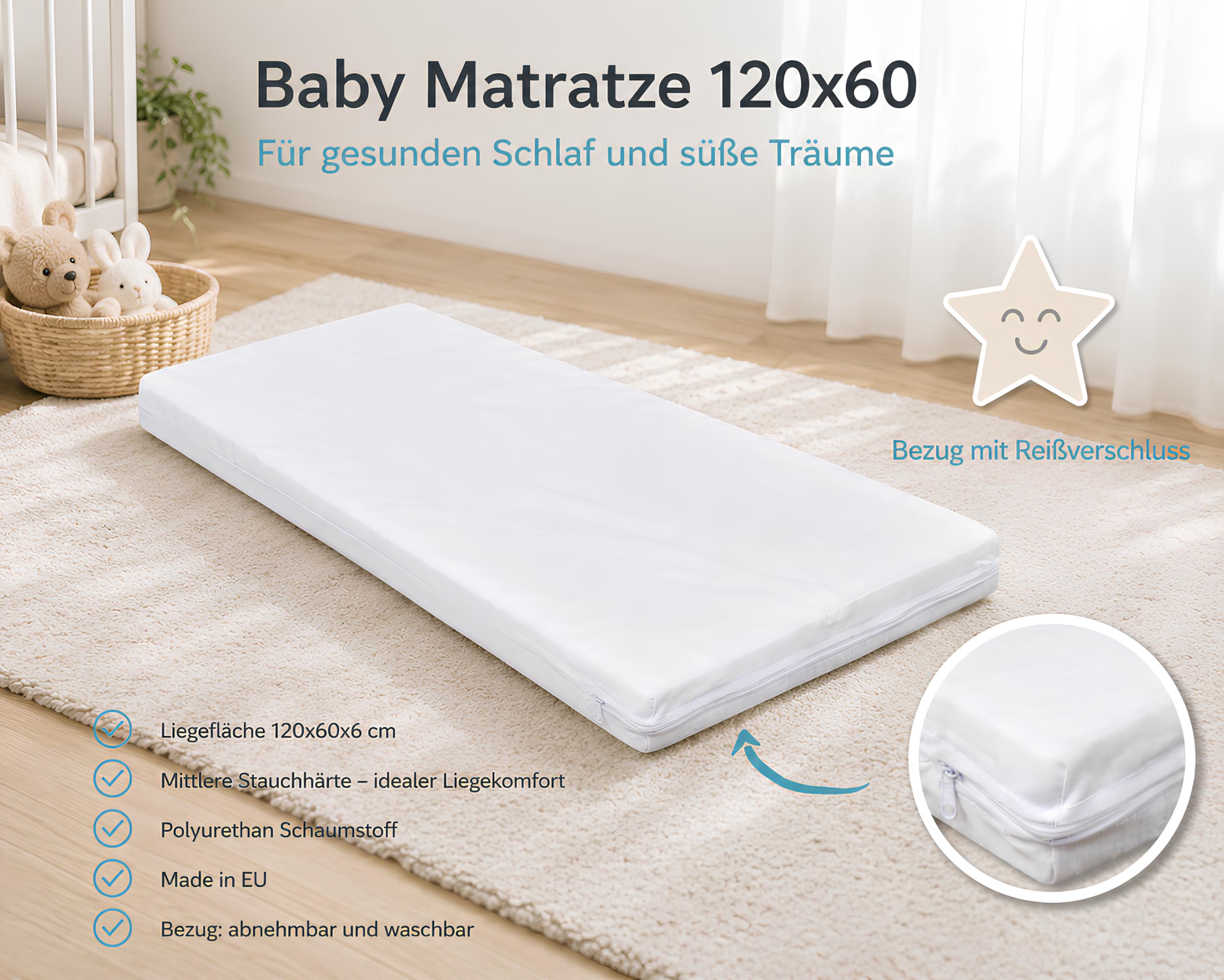 Babybett 60x120 weiß Kinderbett umbaubar zum Juniorbett Schublade Matratze Teddy Wippe Motiv