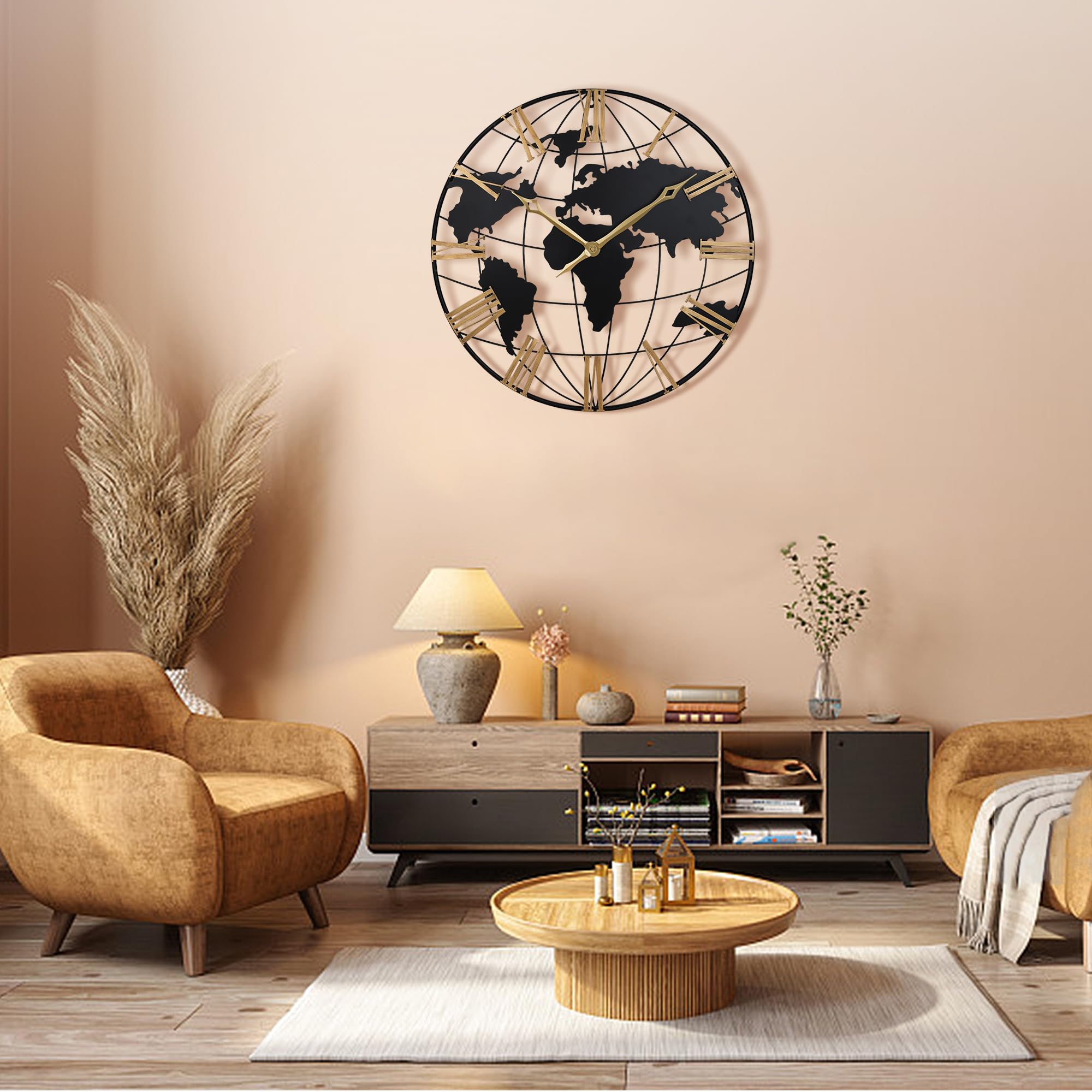 Lafocuse 23-Inch Large World Map Wall Clock – Silent, Non-Ticking, With Gold Roman Numerals