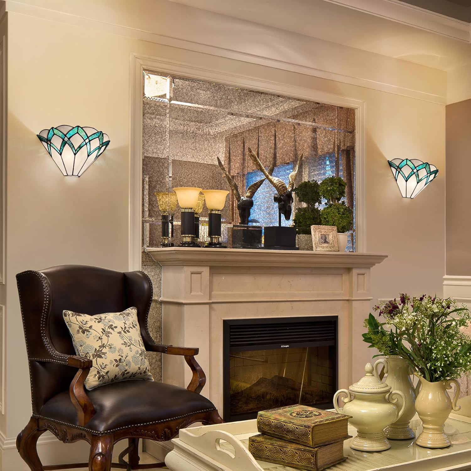ARTZONE Tiffany Wall Sconces 13 Inches, Vintage Tiffany Style Wall Sconces Stained Glass Wall Light for Bedroom/Bathroom/Livingroom/Corridor/Stairway(Green)