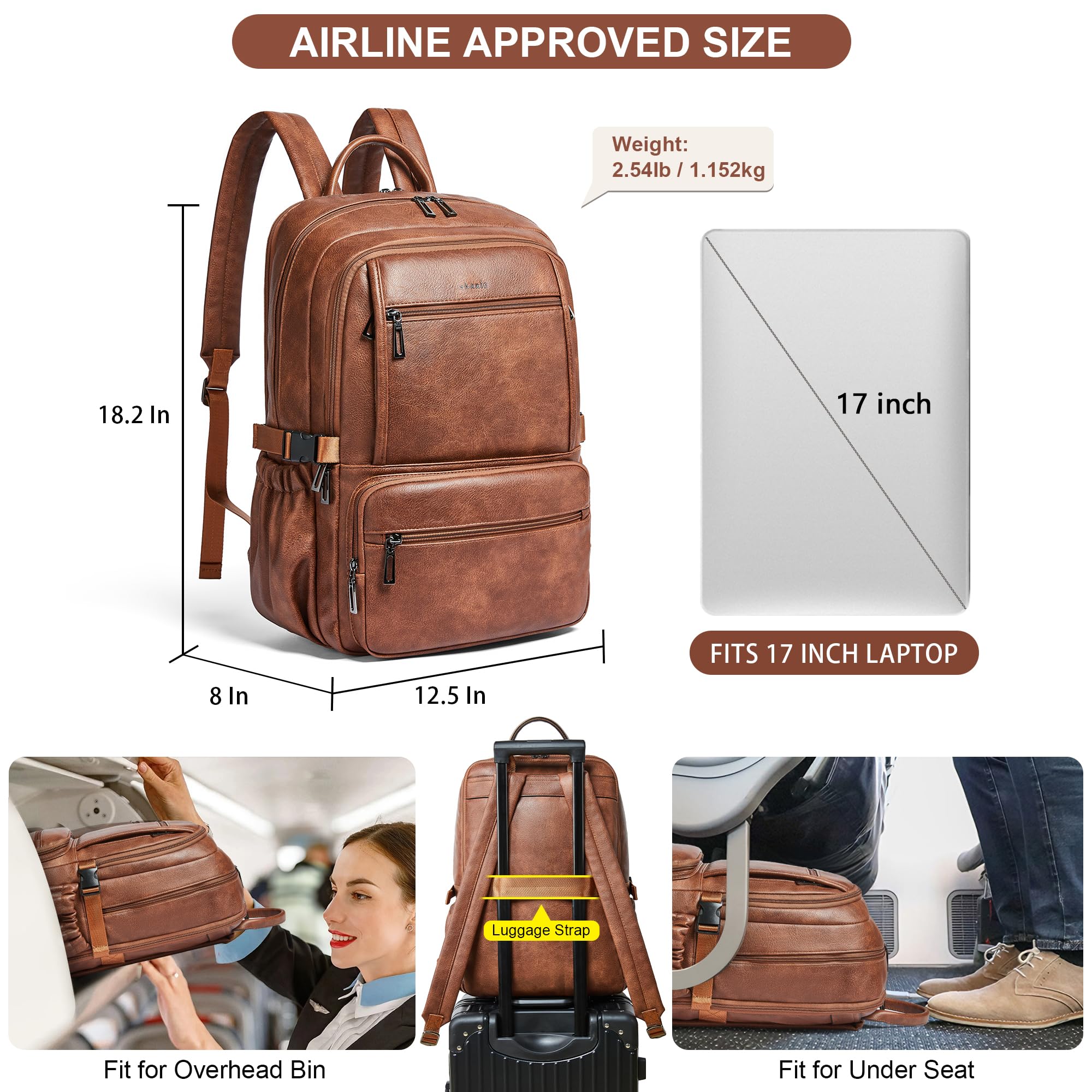 Shrrie Skórzany plecak do pracy na laptopa, torba na komputer, torba na podróż służbową, College Office Fit 17 cali, skórzany plecak, torba 35 l, pojemny, wodoszczelny plecak, brązowy
