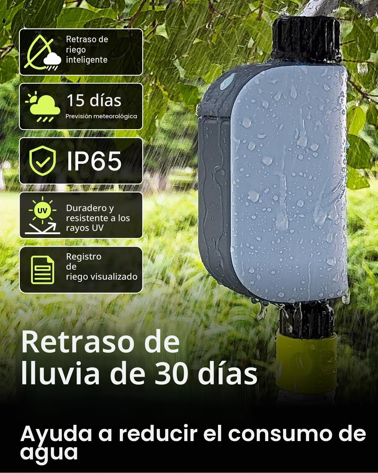 Programador de Riego Automático WiFi con Caudalímetro, Temporizador de Riego Inteligente (Sin Hub), Modos por Volumen y Tiempo, Control por App, Retraso por Lluvia, IP65 para Jardín y Césped