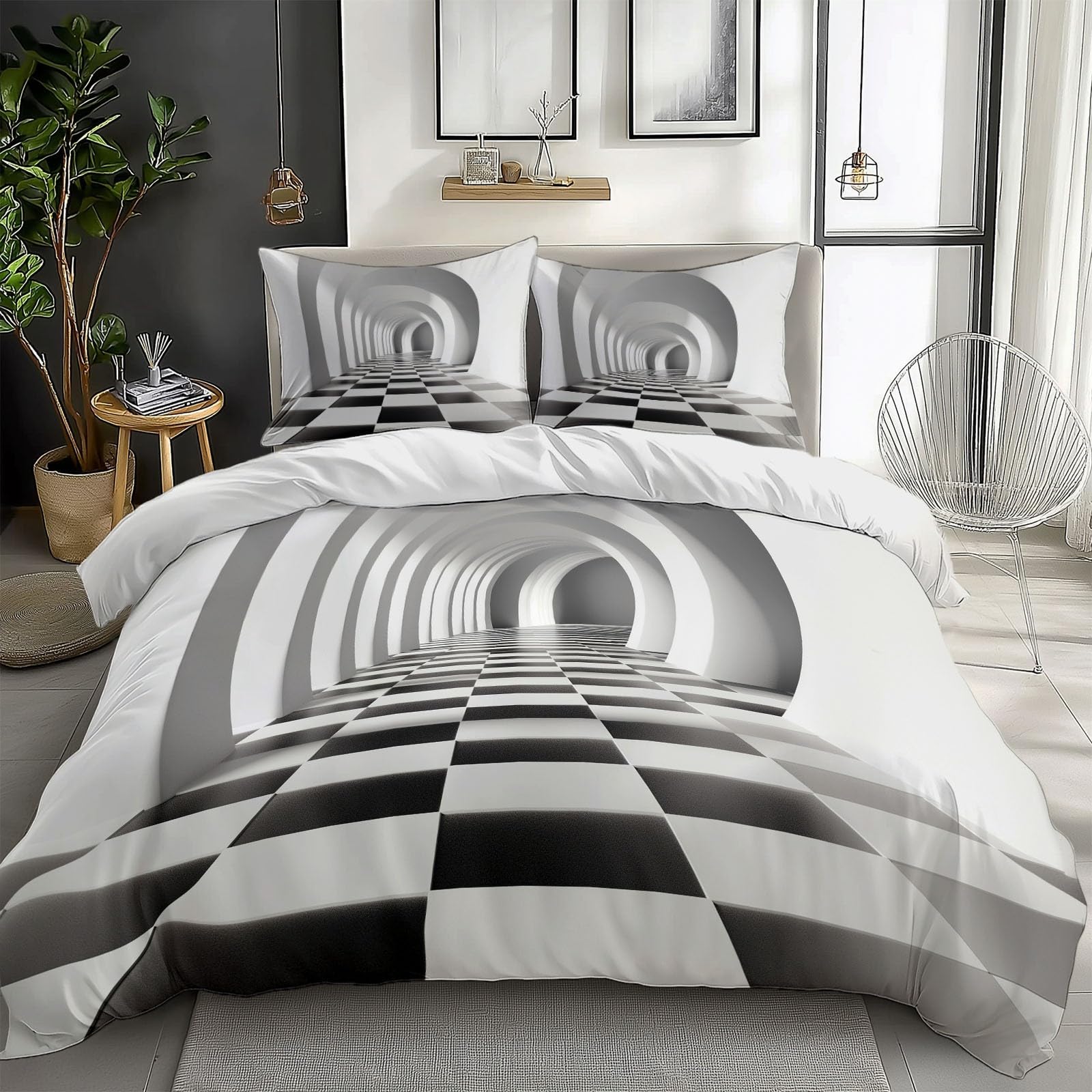 Black and White Bedding Sets Optical Illusion Tunnel Print Duvet Cover Set, Comforter Cover Full Size Soft Breathable Reversible 3-Piece Bedding for Kids Teens