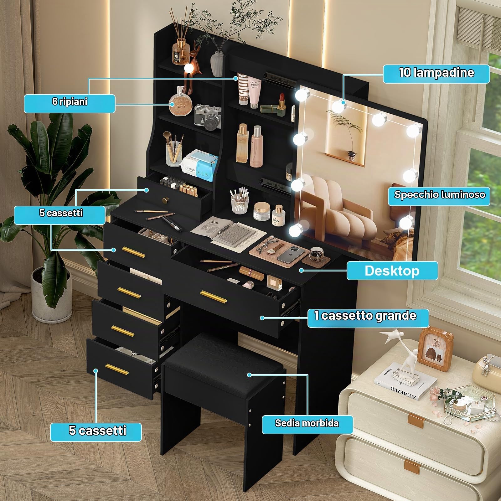 Toeletta da Trucco con Specchio Scorrevole e Sgabello, Scrivania Make Up Ampia con Luci Dimmerabili e Guida Video, Postazione Trucco con 6 Cassetti e 6 Ripiani, Nero, 36×80×131 cm, J328