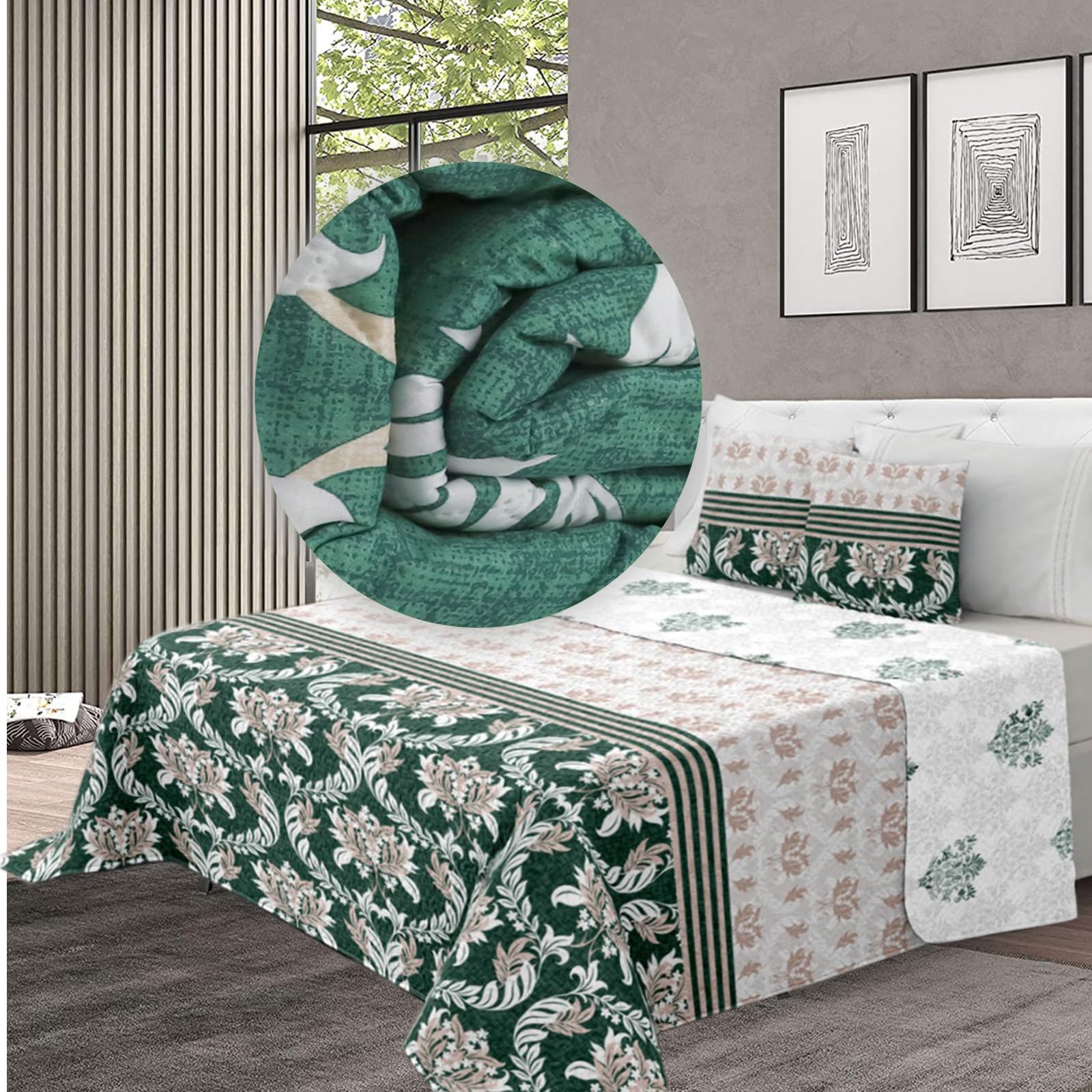 various - Colcha Bouti Estempada para Verano y Premivera,Reversible Color de Verde + 2 Funda Cojin 50x70 cm,Colcha Cubrecama Ligera Fina,Entretiempo 100% Poliéster. (Cama 135-230 x 260cm)