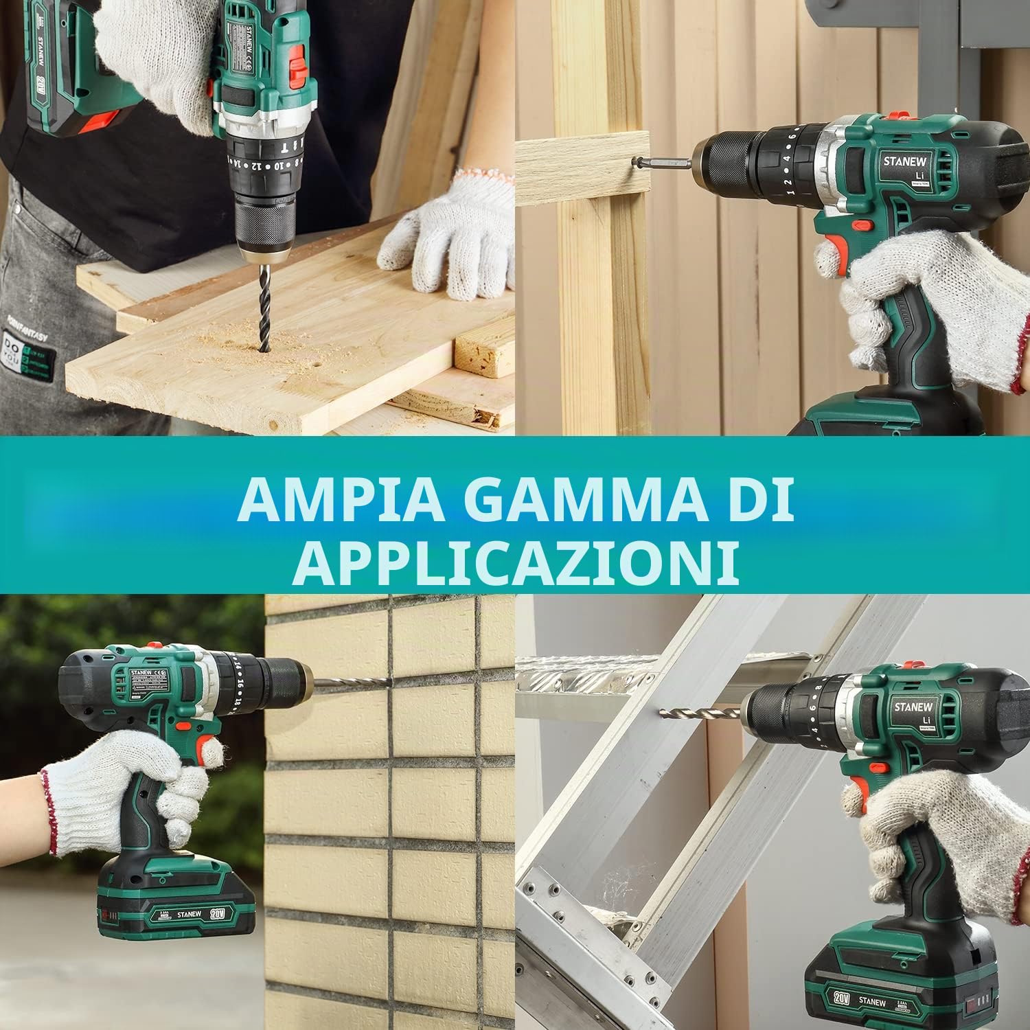 Trapani a percussione, STANEW 20V Li Trapano a Batteria,trapano a percussione 20 + 3 impostazioni,2 Batterie-1.5Ah e Valigetta,45 Nm,69 accessori+guanti professionali +valigia