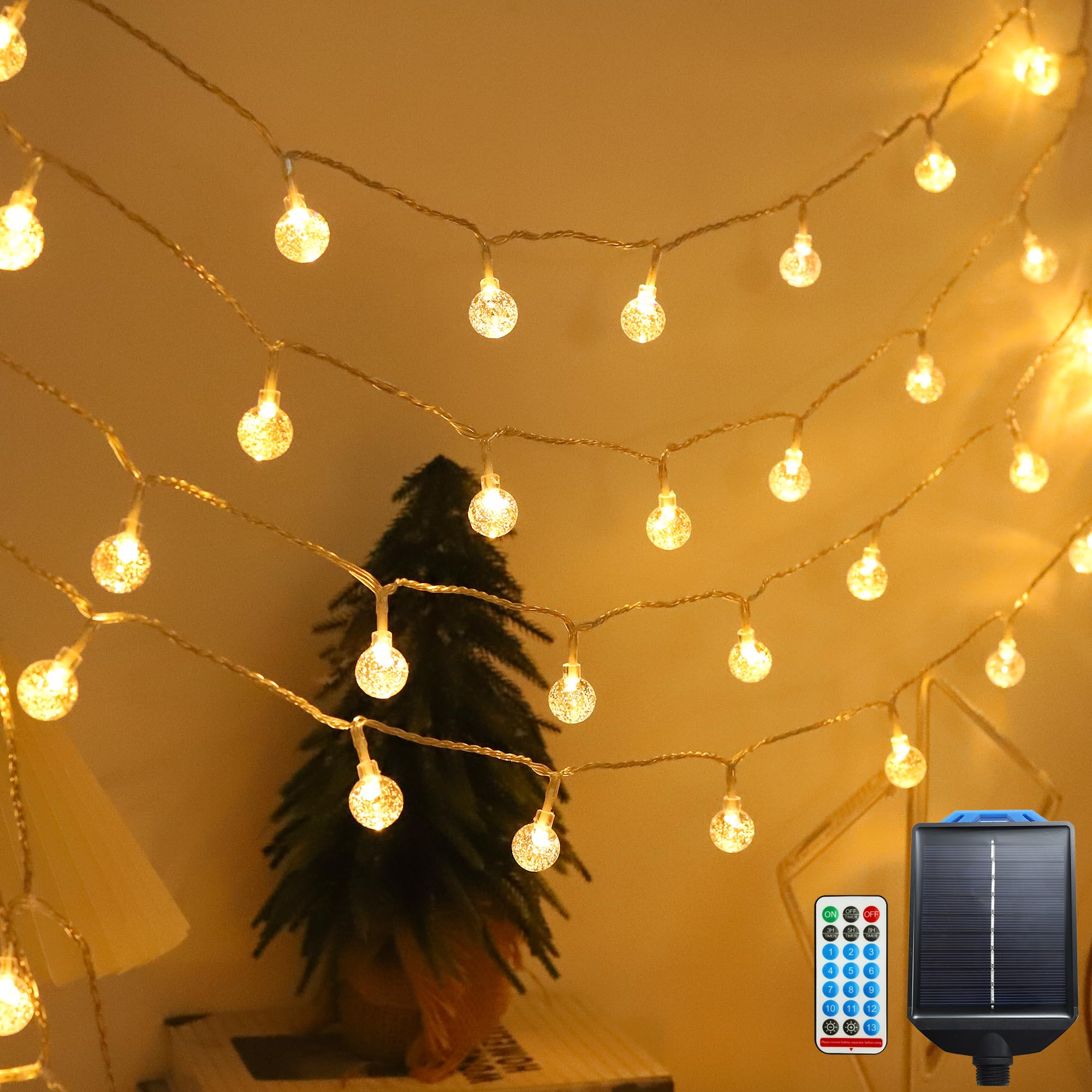 55FT 100LED Solar String Lights, Warm White and Colored String Lights 11 Lighting Modes with Remote for Porch Patio Bedroom Wedding Outdoor Decor (Crystal, 55FT)