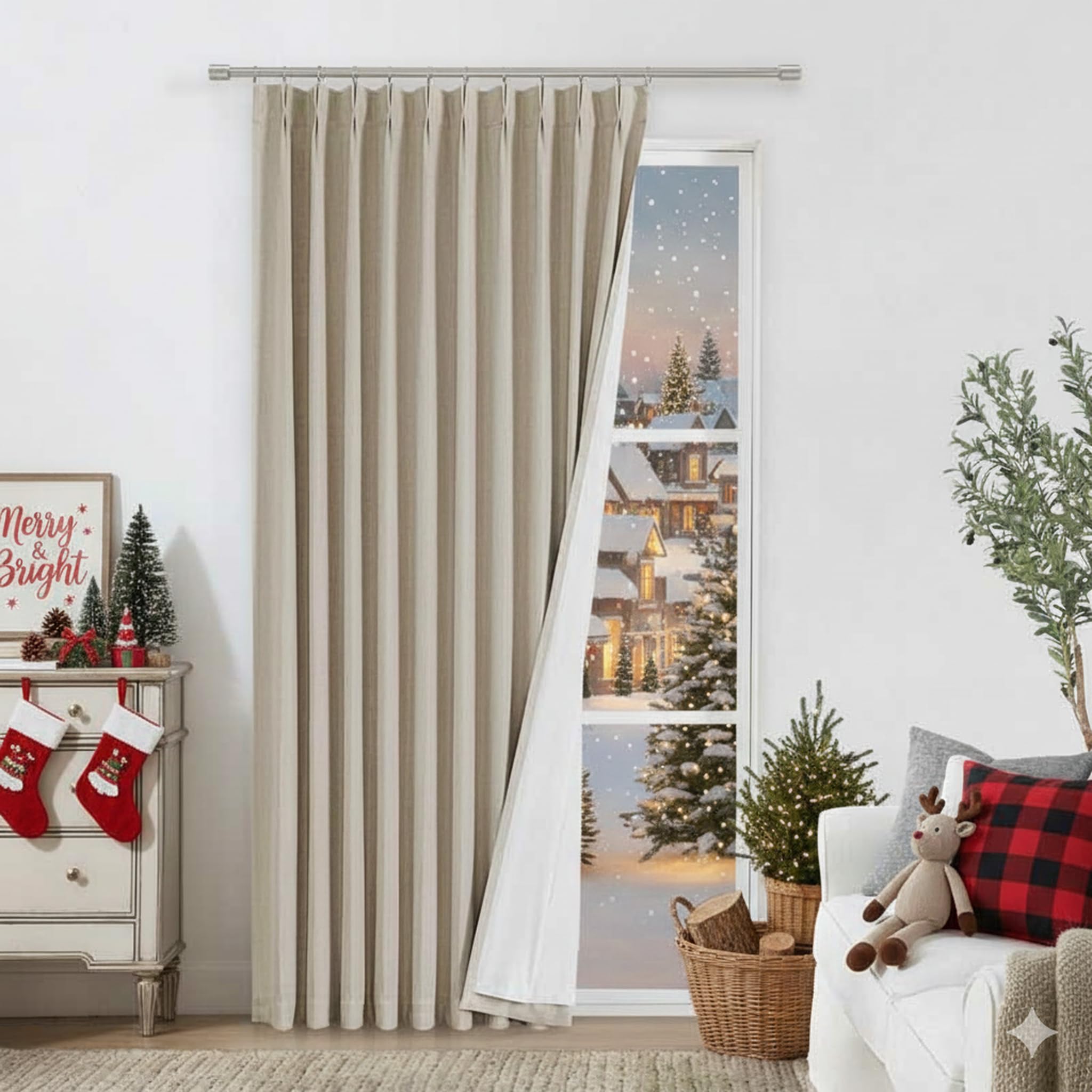 Vision Home Sand Pinch Pleated Full Blackout Curtains Linen Blended Room Darkening Window Curtains 95 inch for Living Room Bedroom Thermal Insulated Pinch Pleat Drapes with Hooks 1 Panel 60" Wx95 L