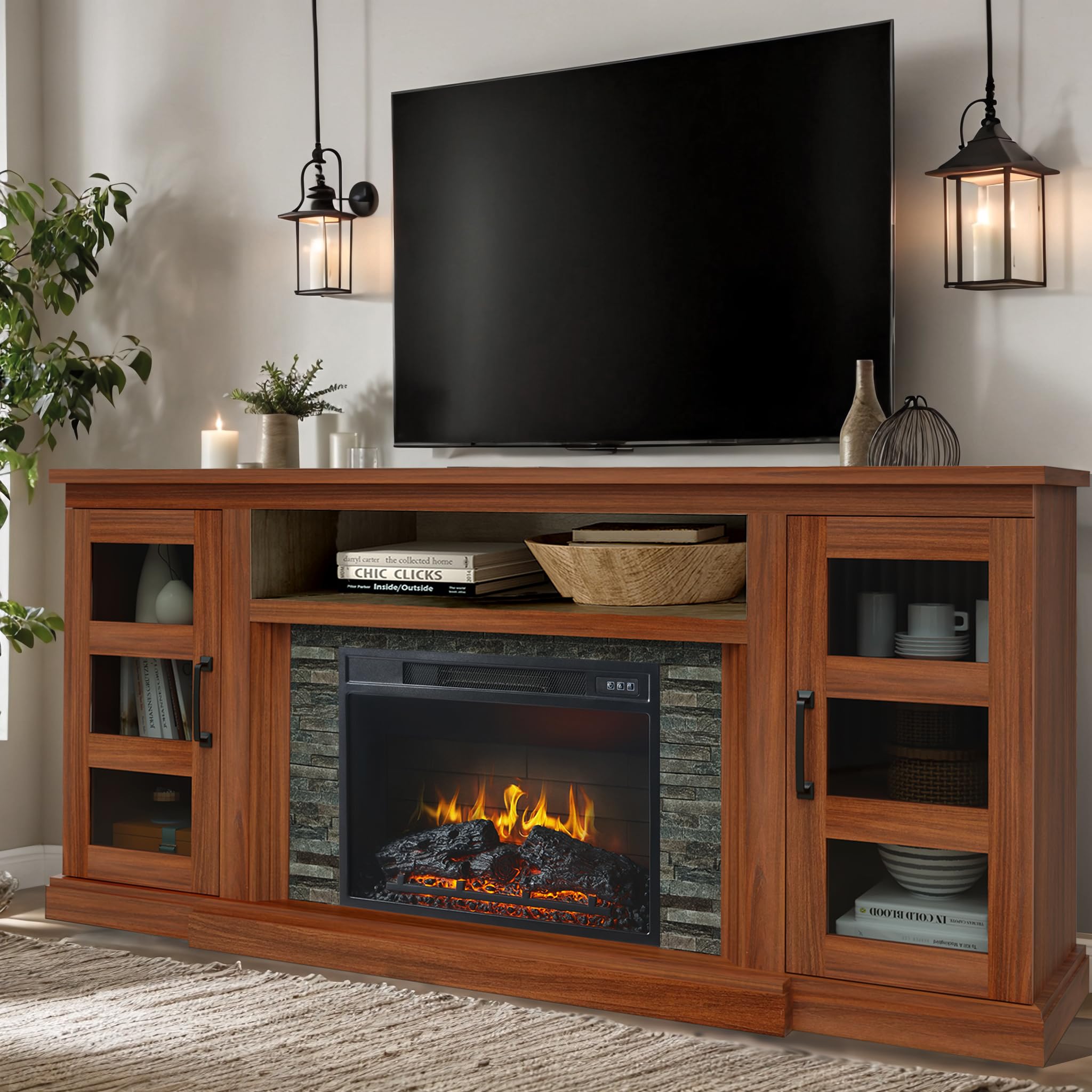 70 Inch TV Stand with 3D Fireplace, Modern Media Entertainment Center for TVs up to 80 Inch, Tv Console Table with Glass Barn Door & Storage Cabinets, Highboy, Cherry