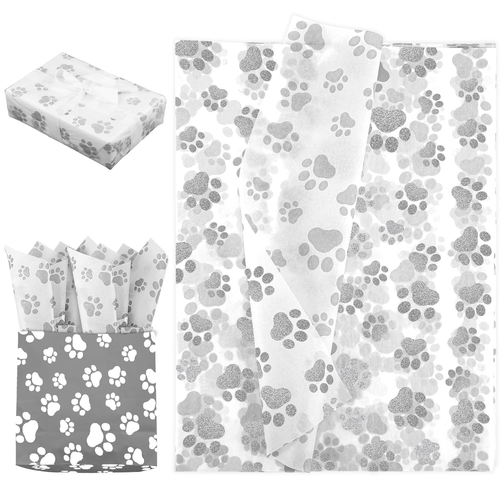 30pcs Dog Paw Tissue Paper, 20x14in Cute Dog Print Tissue Paper Puppy Paws Tissue Paper Sheets Gift Wrapping Tissue Paper for Gift Packaging Wedding Birthday Party Supplies(Silver)