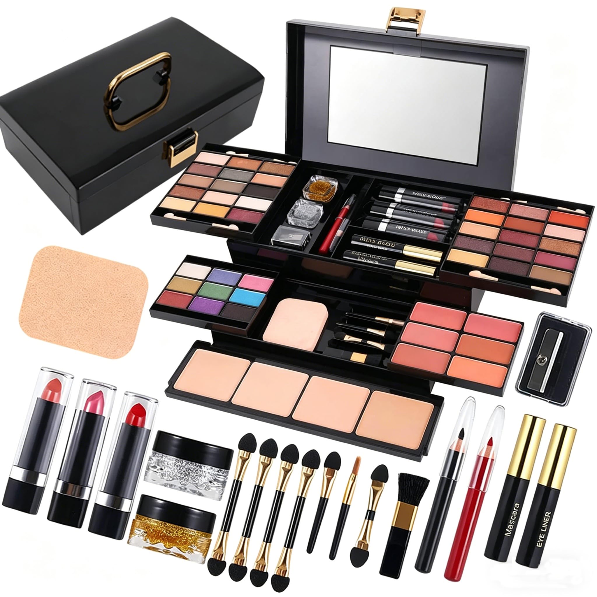 Makeup Kit for Women Girls,Schminke Set Frauen, All in One Makeup Kit,mit Kosmetikpinsel, Lippenstift, Lidschattenpalette, Rouge, Glitzer-Gel in Rosa, lustiger Reise-Schminkkoffer für Mädchen