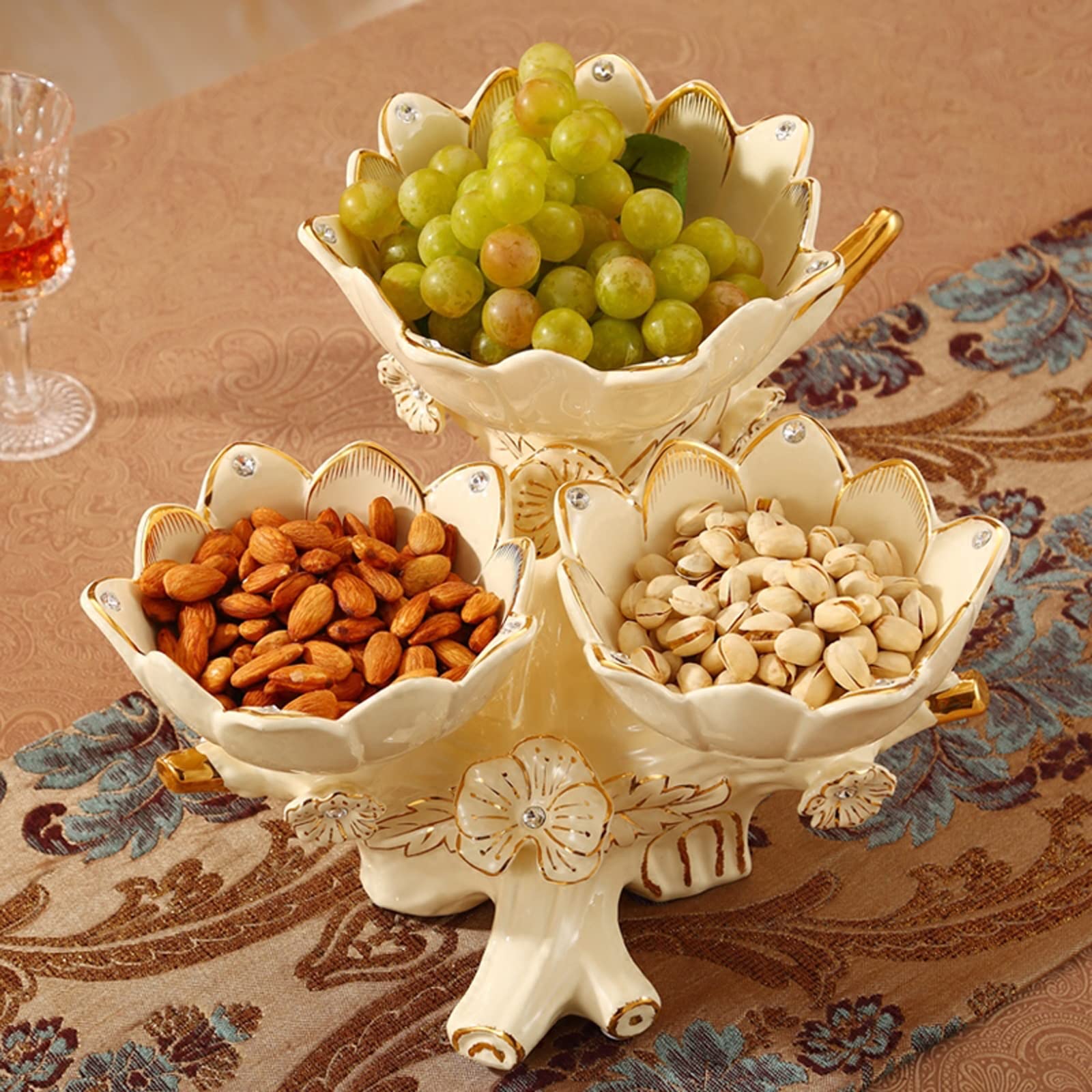 Bol à Fruits en céramique Aspect Lotus Assiette à Fruits secs 3 Compartiments pour collations Noix Fruits secs Bonbons Plateau de Service décoration de,
