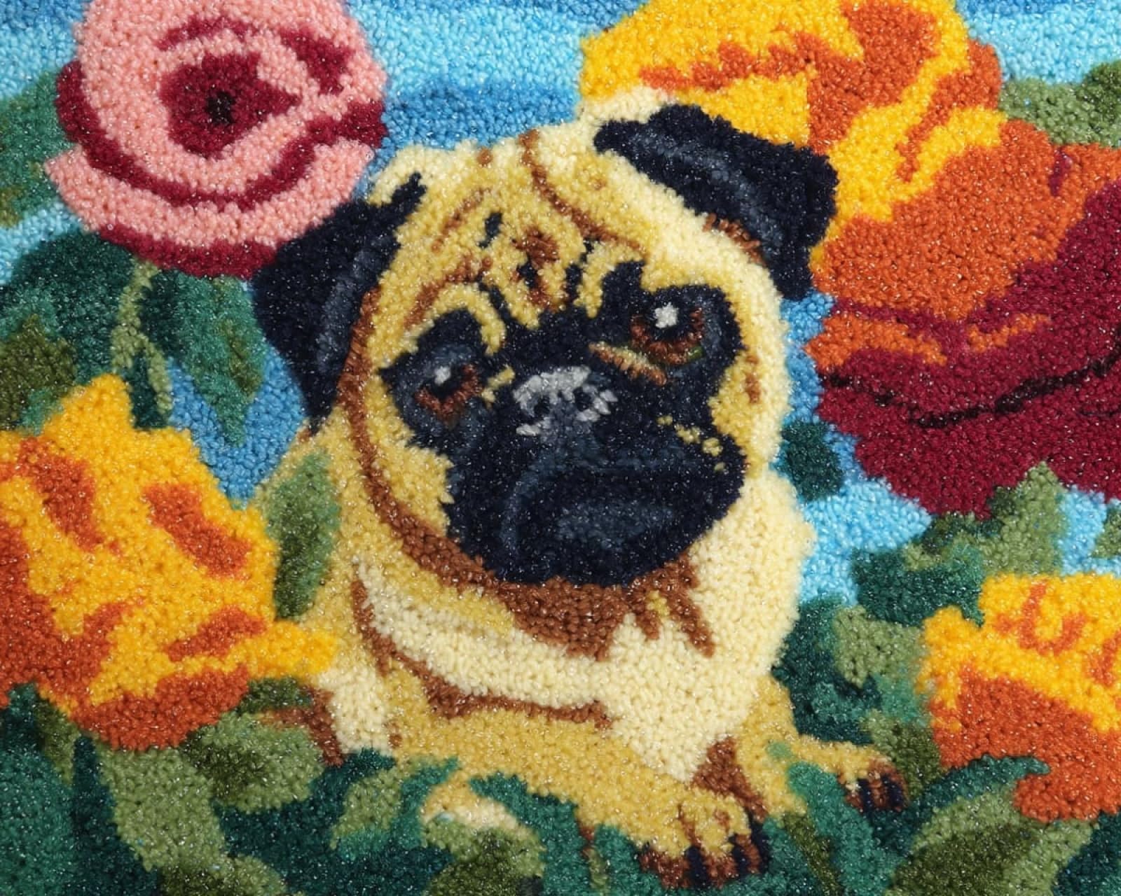 Wallphantom DIY Latch Hook Rug Kit Handmade Carpet,Pugs and Flowers,Crochet Yarn Embroidery Needlework Hook Kit for Beginners,Home Decor Festival,Gift,80x160cm