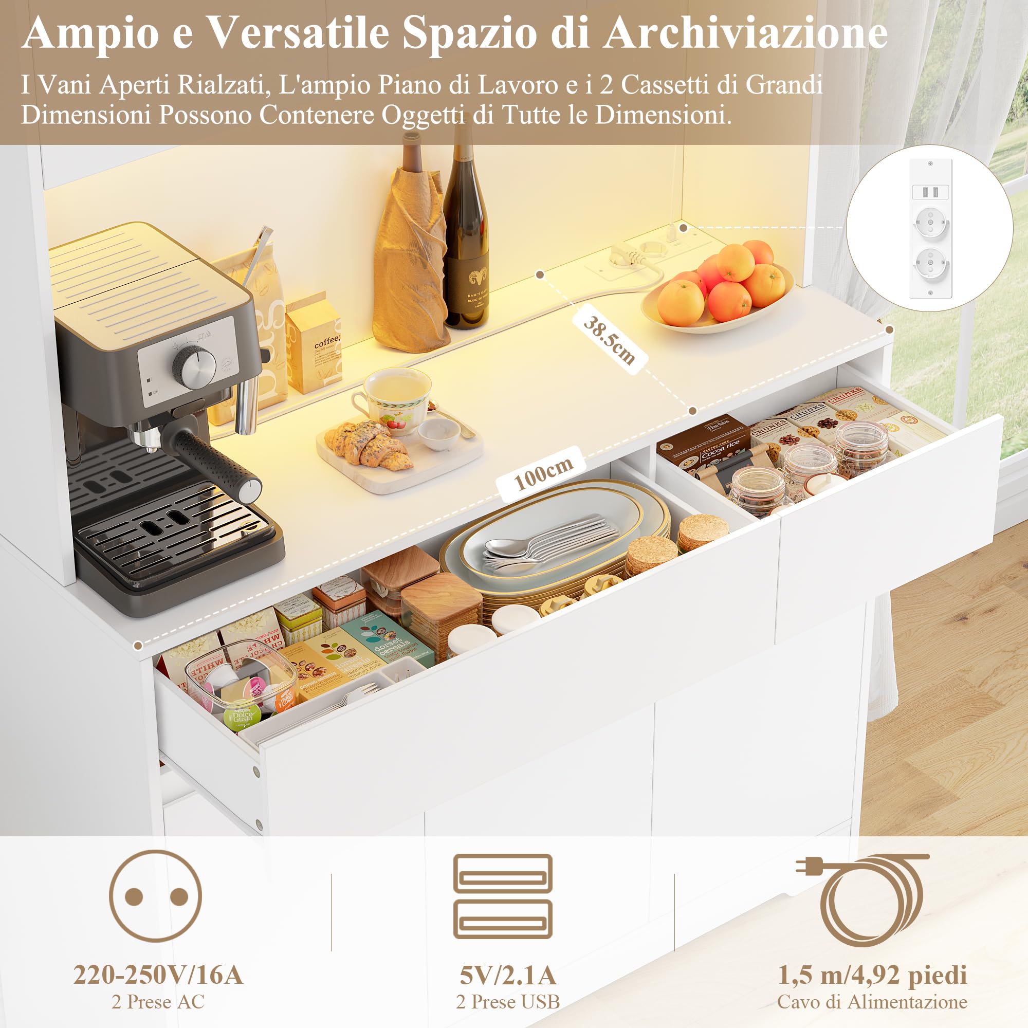 FirFurd Mobile Cucina, Credenza Cucina Alta con Presa e Luce LED, Mobile Dispensa con Ripiani Regolabili, Ampio Piano di Lavoro, per Sala da Pranzo, Soggiorno, 100x38,5x180cm (Bianco)