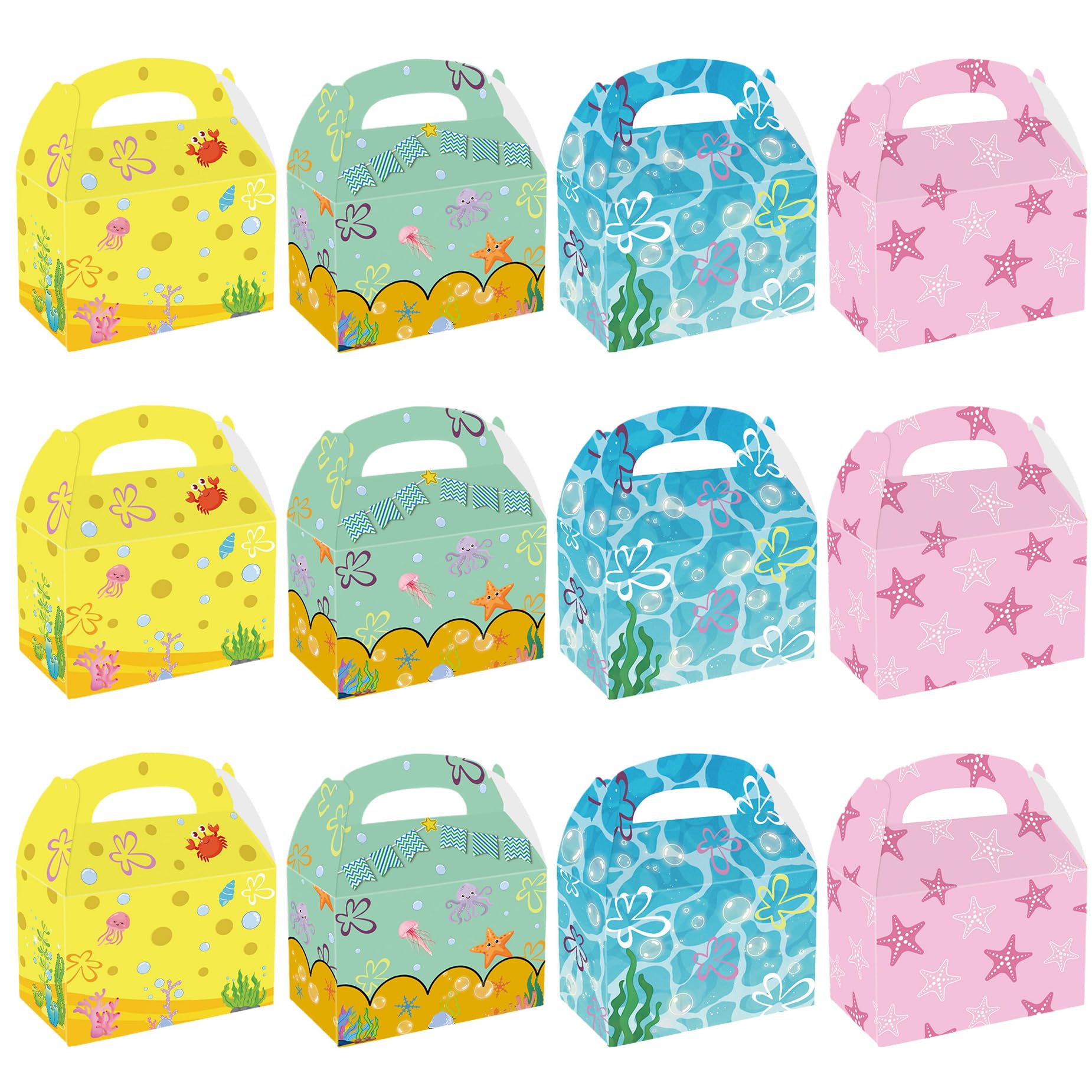 12 Pcs Yellow Cartoon Sponge Party Gift Boxes, Blue Ocean Octopus Jellyfish Crab Seaweed Gable Boxes with Handles for Undersea Themed Birthday Party Decorations
