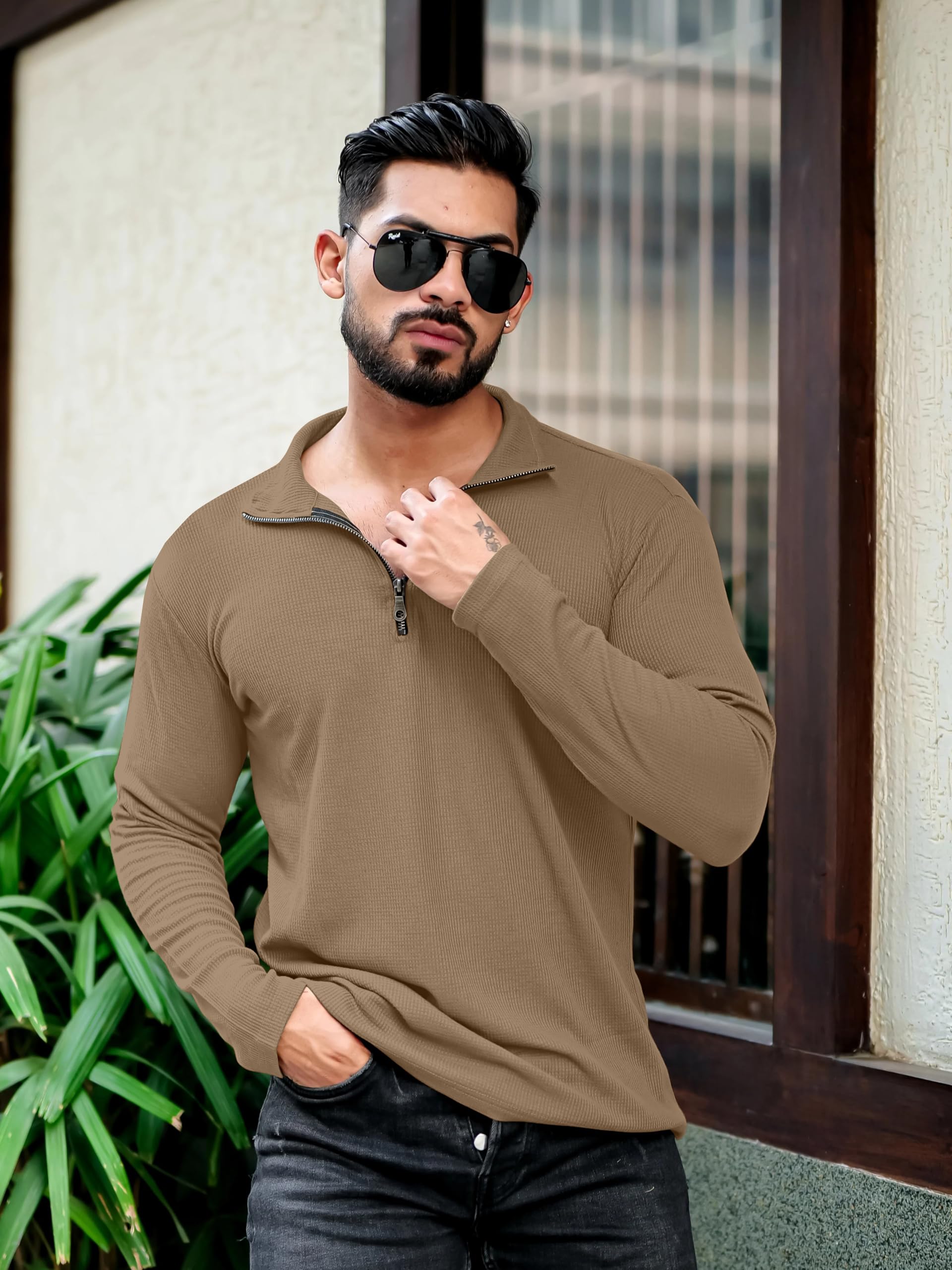 KAJARU Men's Polyester Blend T Shirt with Spread Collar Neck Line Zipper Closure Full Sleeves Solid Pattern Regular Fit and Standard Length - Image 5 thumbnail