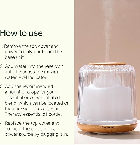 Miniatura 2 de Plant Therapy Difusor de vidrio Serenity, elegante cubierta de vidrio, niebla intermitente y continua, múltiples ajustes de luz, difusor de aceite