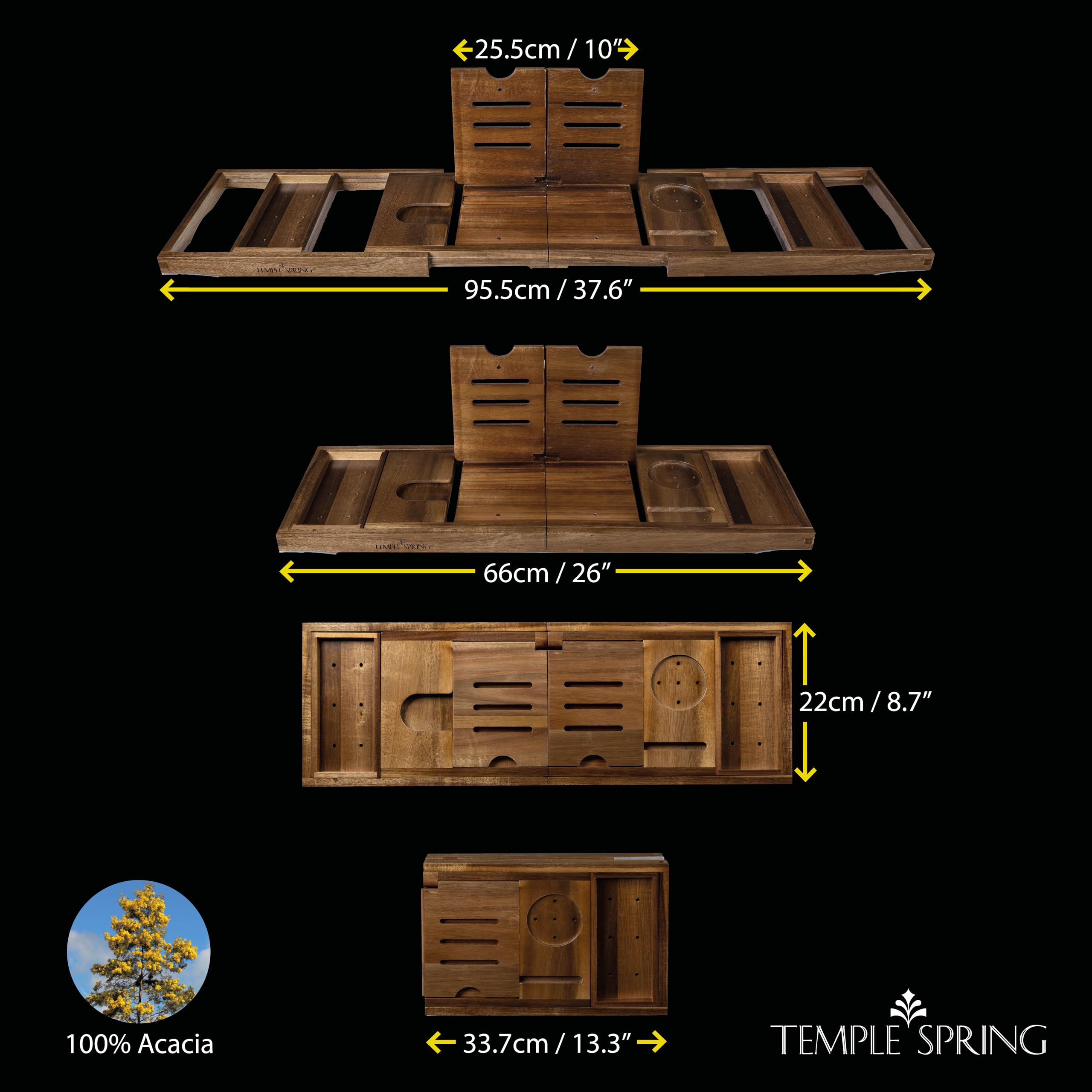 Temple Spring Acacia Foldable Bath Tray, Unique Design Wooden Bath Shelf Bathroom Accessory - Image 3